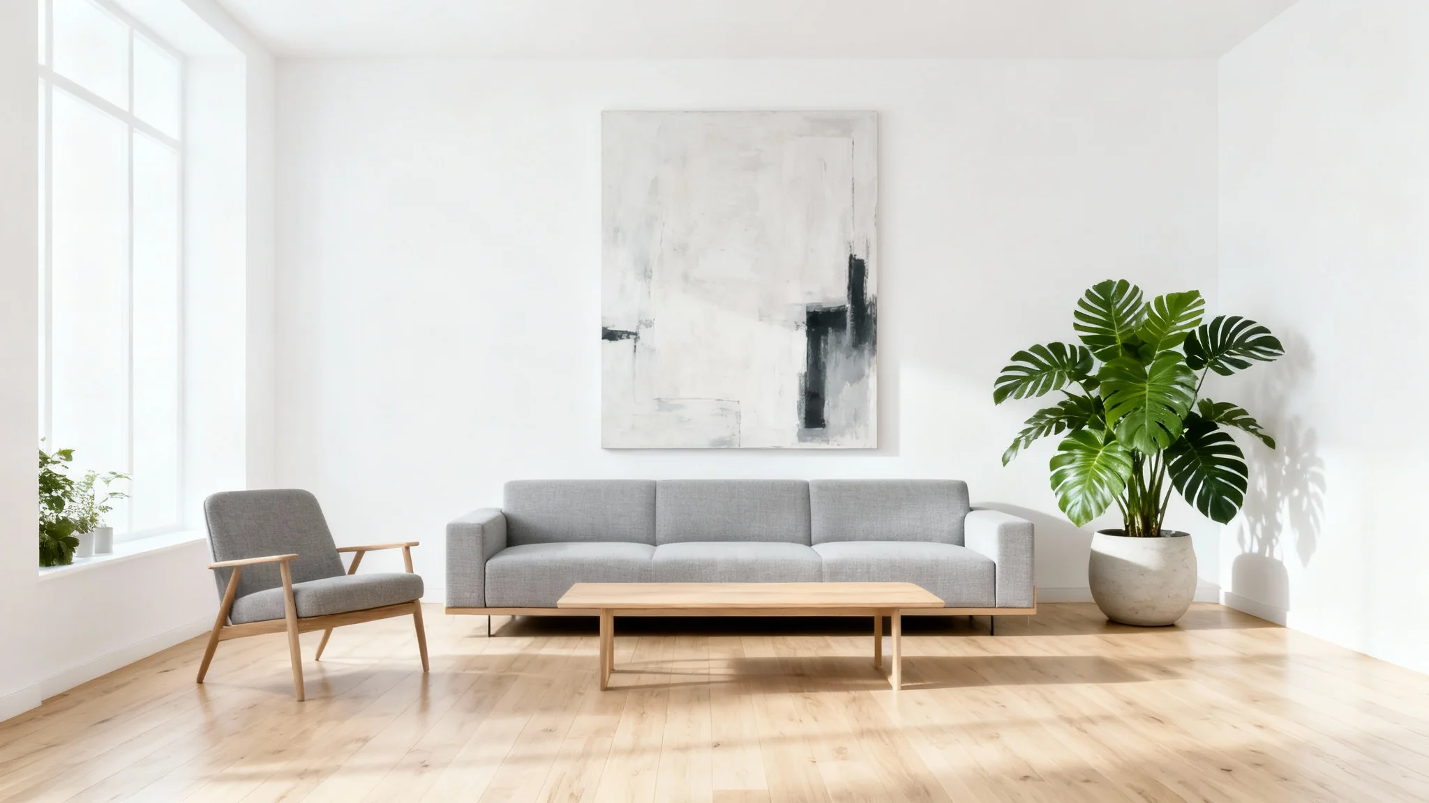 A photorealistic mockup of a beautifully designed modern living room with white walls, light wood floors, and large windows letting in natural light. The room is furnished with a minimalist gray sofa, a wooden coffee table, and an accent chair, creating a serene and spacious atmosphere.
