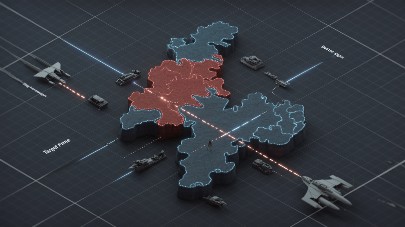 A finished, professional-looking digital war map showing fictional territories in red and blue, with icons for troop movements and strategic objective markers, presented against a clean dark background.