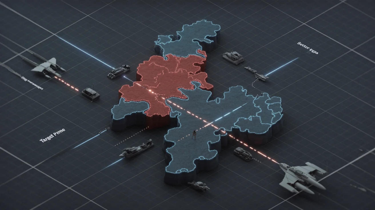 A finished, professional-looking digital war map showing fictional territories in red and blue, with icons for troop movements and strategic objective markers, presented against a clean dark background.
