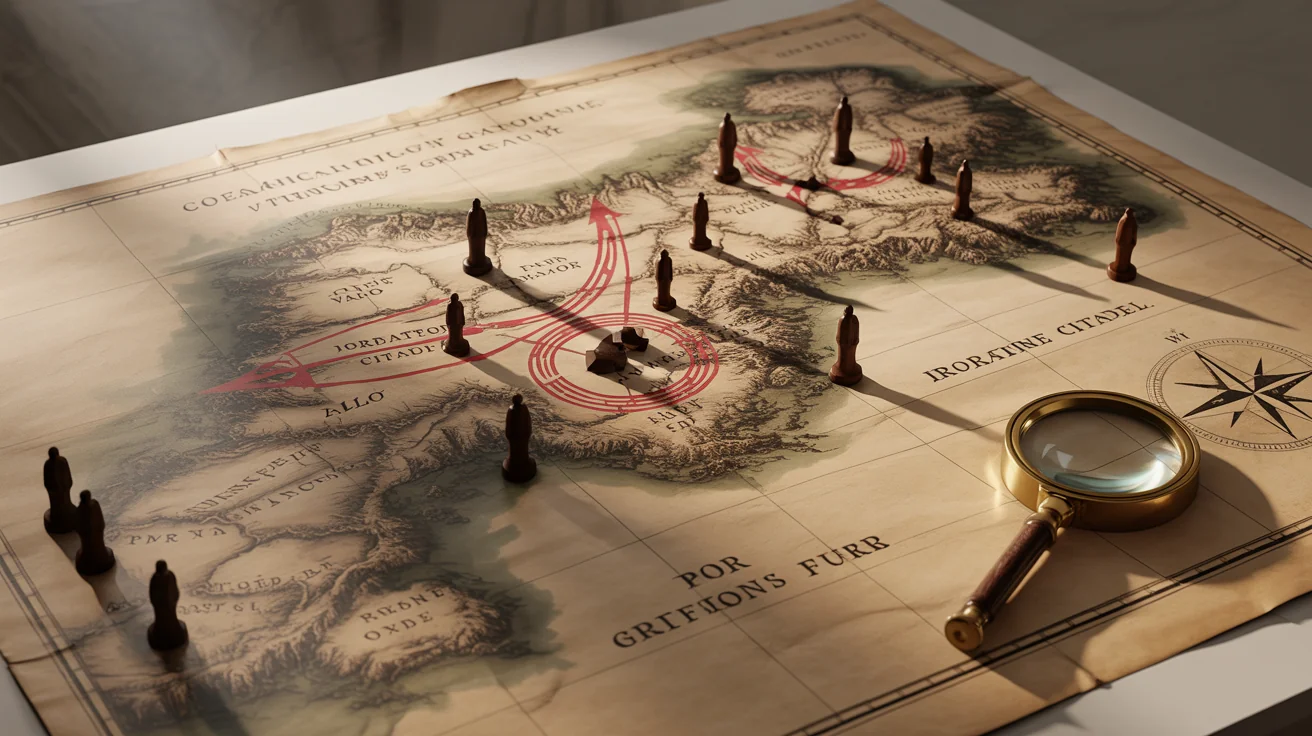 A mockup of a vintage-style war map on a white background, featuring hand-drawn arrows for troop movements, labels for fictional locations like 'Port Valor', and strategic markers.