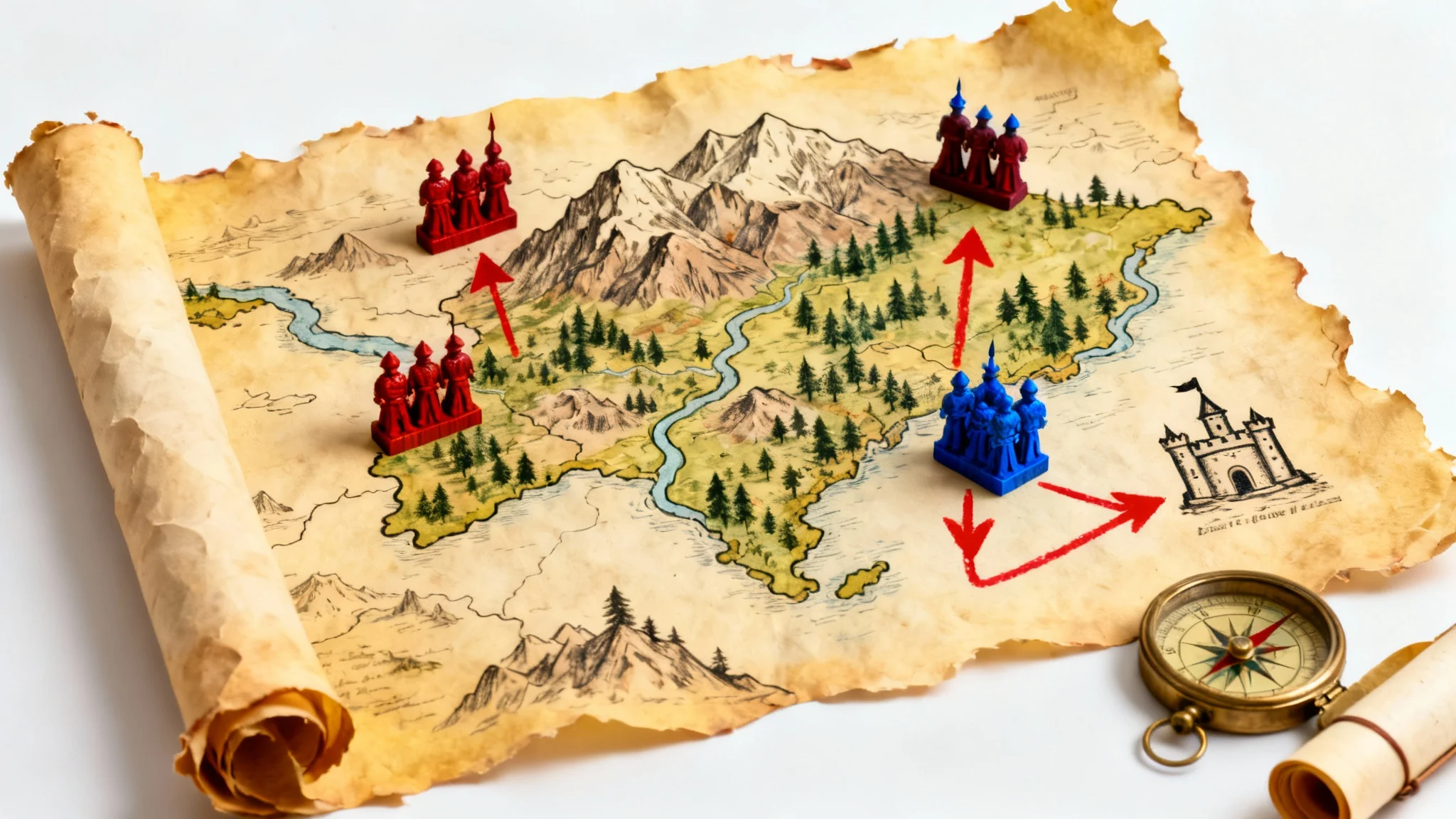 A top-down view of a detailed fantasy war map on a white background, featuring red and blue miniature army tokens indicating a battle around a castle.