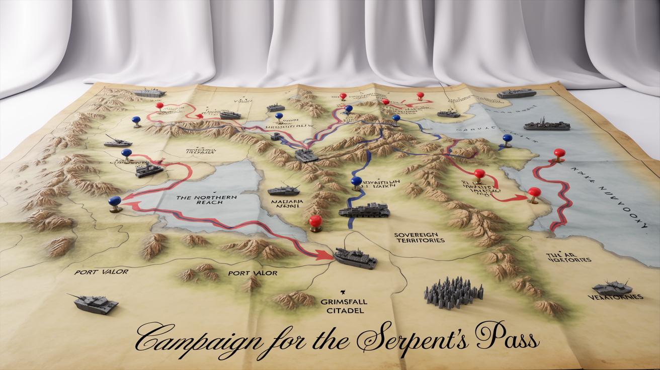 A detailed, antique-style war map mockup on a white background, showing fictional territories, military movements with red and blue arrows, and strategic markers for cities like 'Port Valor'.