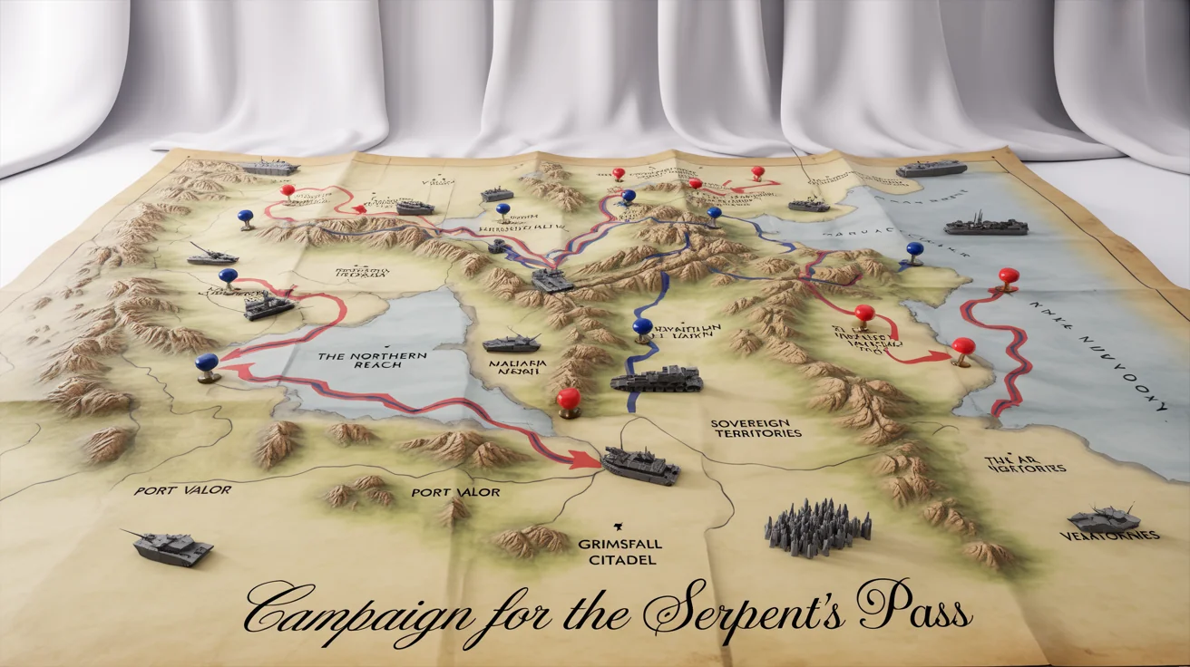 A detailed, antique-style war map mockup on a white background, showing fictional territories, military movements with red and blue arrows, and strategic markers for cities like 'Port Valor'.