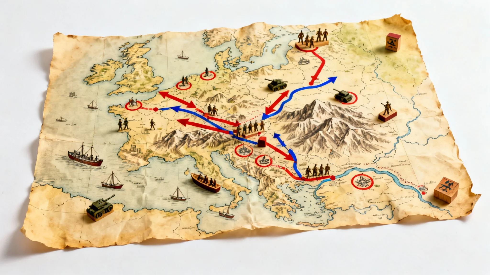 A detailed, vintage-style war map laid flat against a white background, showing strategic troop movements with red and blue arrows and miniature army tokens.