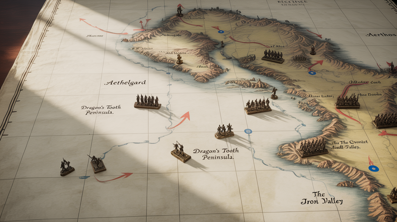 A detailed, antique-style war map on a white background, featuring fictional lands, strategic military markings, and miniature soldier figures indicating a battle in progress.