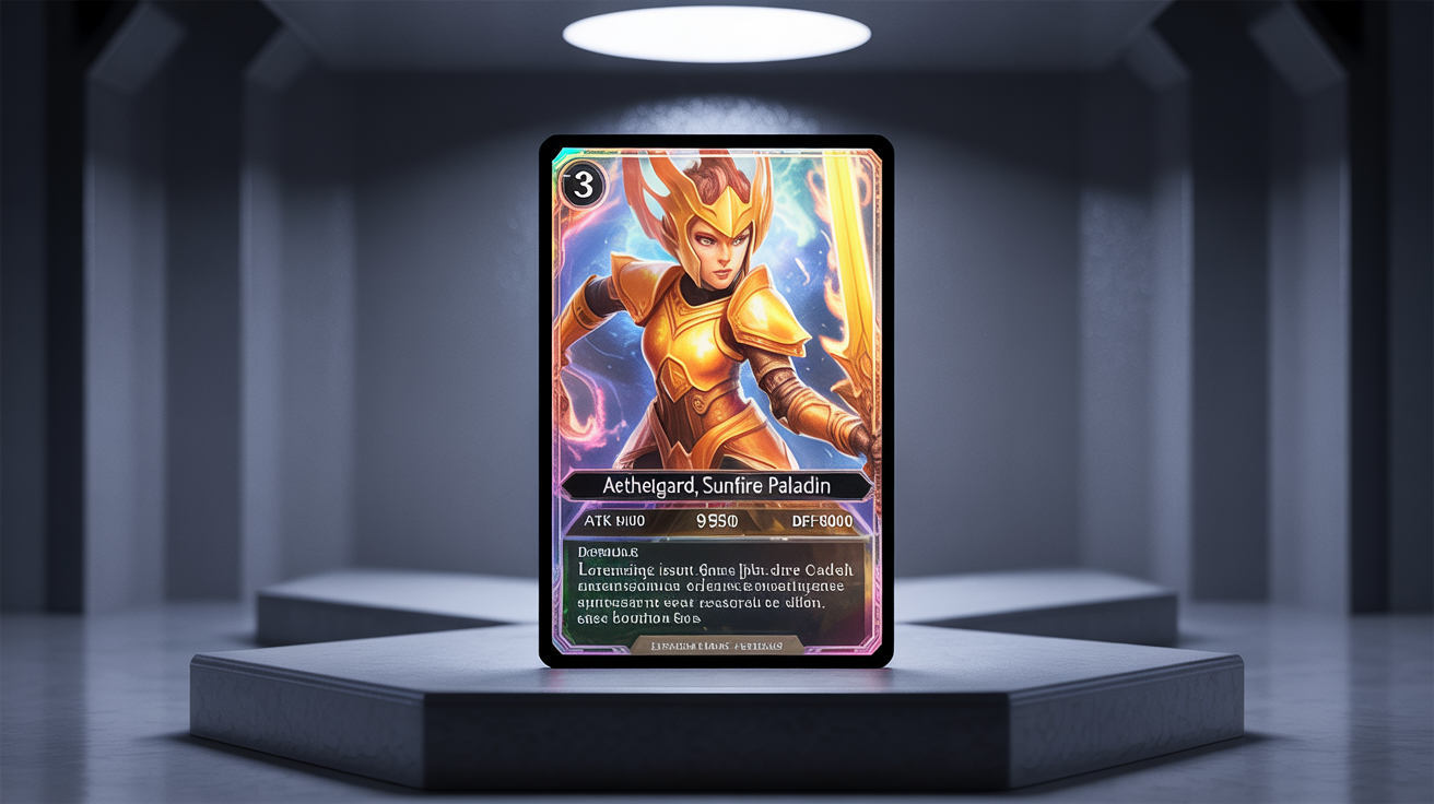 A professionally designed fantasy trading card of 'Aethelgard, the Sunfire Paladin', featuring a knight in golden armor. The card has a holographic finish and is displayed like a premium product on a dark background.