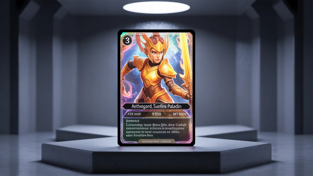 A professionally designed fantasy trading card of 'Aethelgard, the Sunfire Paladin', featuring a knight in golden armor. The card has a holographic finish and is displayed like a premium product on a dark background.