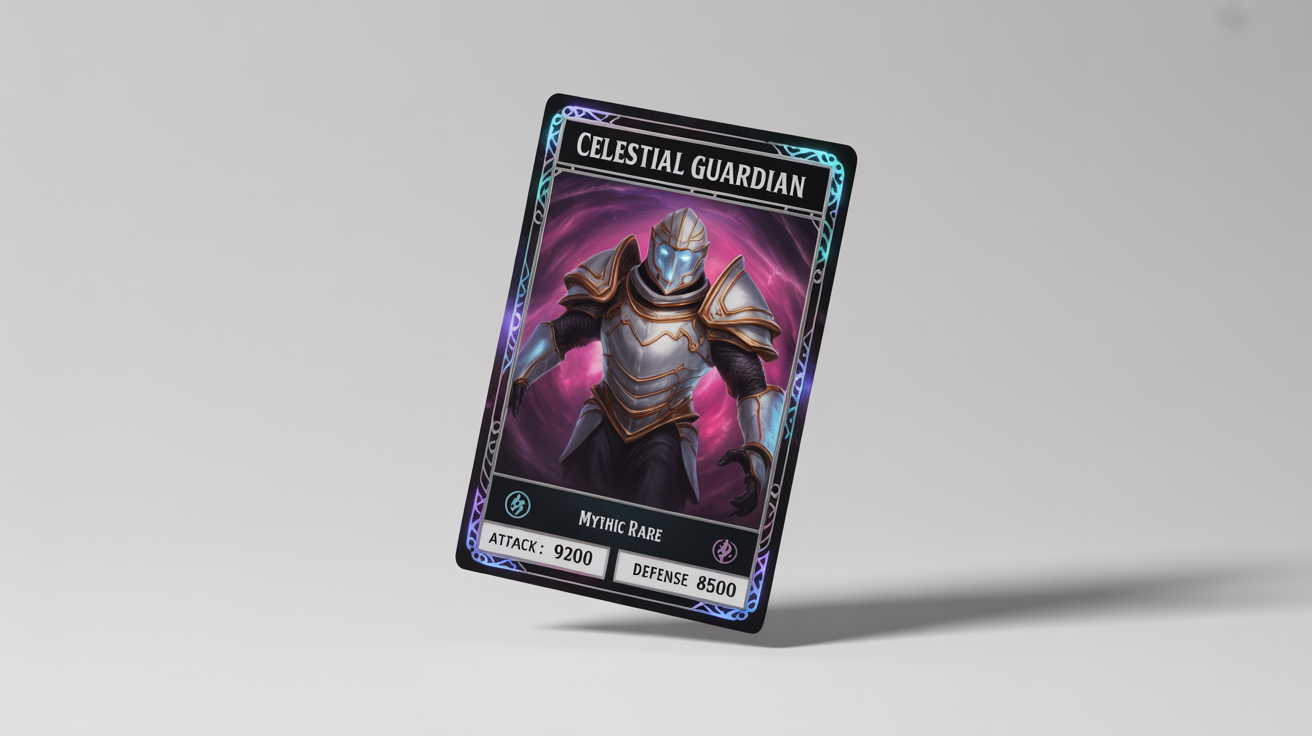 A photorealistic mockup of a collectible fantasy trading card named 'Celestial Guardian'. The card, featuring a knight in glowing armor against a nebula background, is displayed at an angle on a clean white surface.