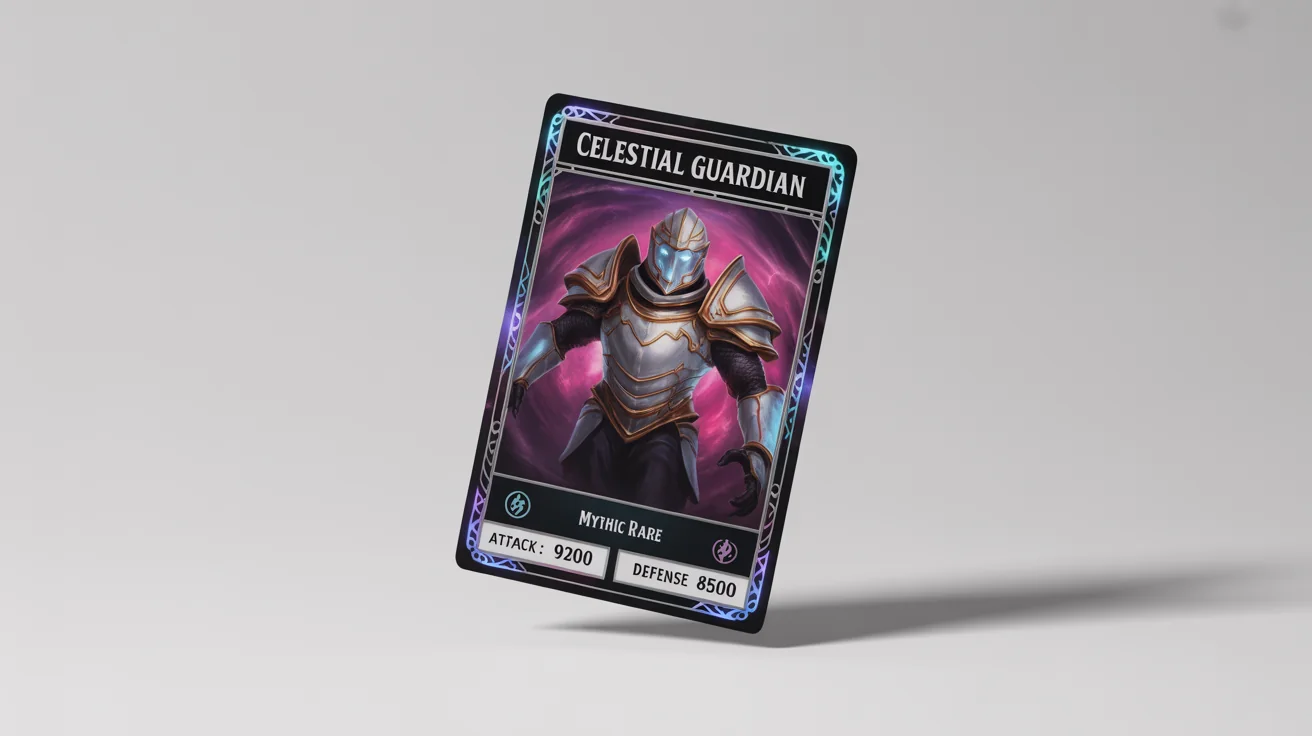 A photorealistic mockup of a collectible fantasy trading card named 'Celestial Guardian'. The card, featuring a knight in glowing armor against a nebula background, is displayed at an angle on a clean white surface.