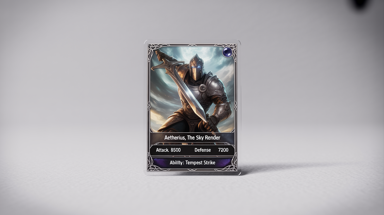 A mockup of a fantasy trading card for a character named 'Aetherius, the Sky Render', featuring an armored knight with a large sword against a stormy backdrop, all on a white background.