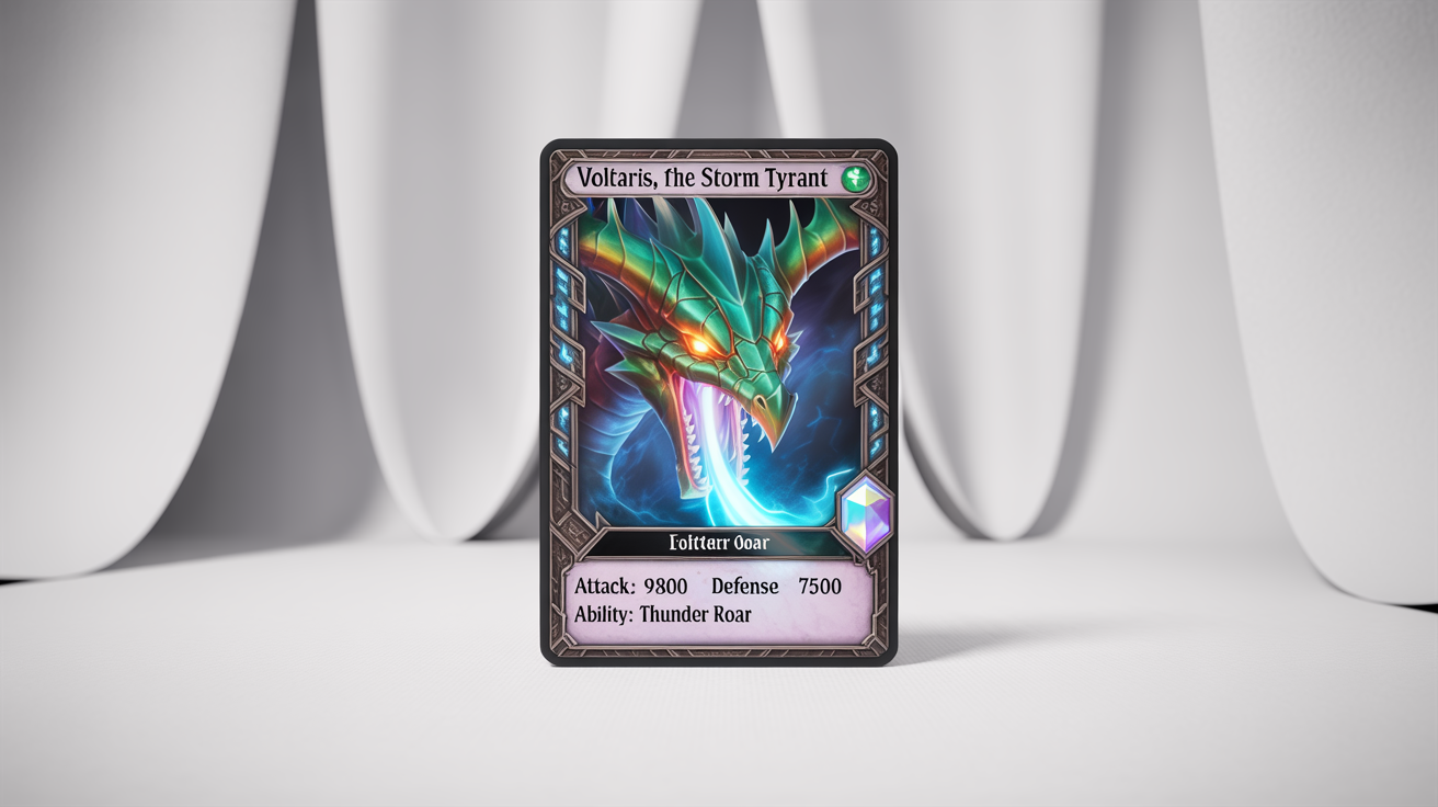 A photorealistic mockup of a legendary fantasy trading card featuring a powerful dragon named 'Voltaris, the Storm Tyrant', displayed on a clean white background.