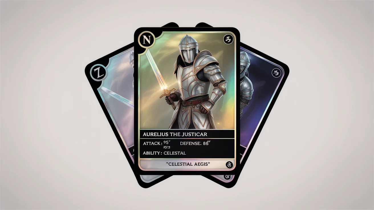 A mockup of three highly-detailed fantasy trading cards, with the central card featuring a knight named Aurelius the Justicar and displaying holographic effects.