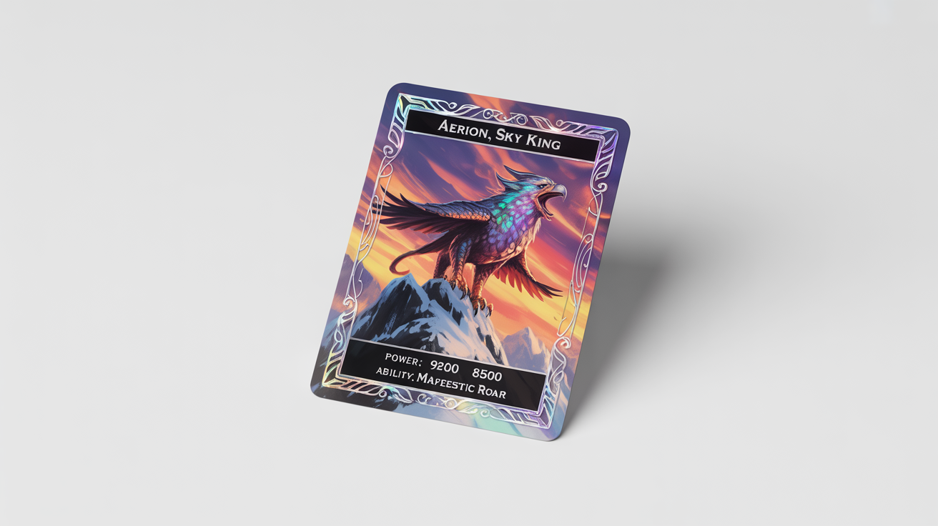 A photorealistic mockup of a fantasy trading card named 'Aerion, Sky King', featuring a detailed illustration of a majestic griffin, displayed on a clean white background.