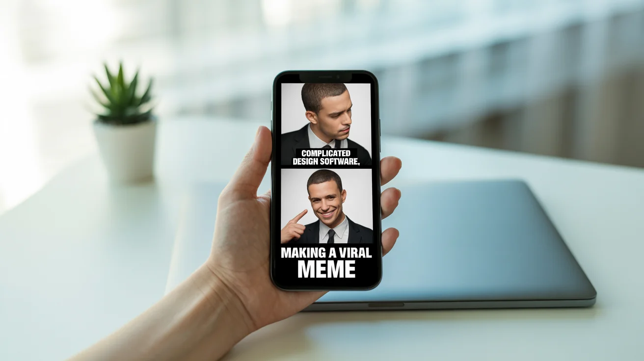 A smartphone screen showing a finished two-panel meme. The top panel shows a man disapproving of 'COMPLICATED DESIGN SOFTWARE', and the bottom panel shows him approving of 'MAKING A VIRAL MEME'.