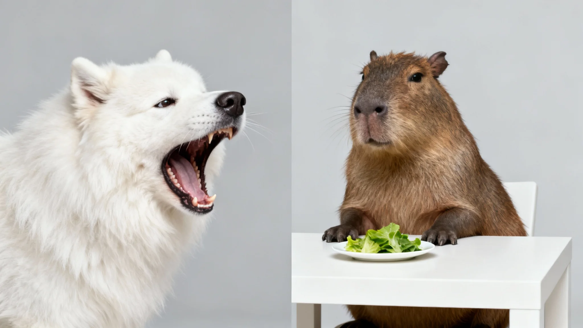 A humorous recreation of the 'woman yelling at a cat' meme, featuring a fluffy white Samoyed dog barking emotionally at a calm capybara sitting at a dinner table.