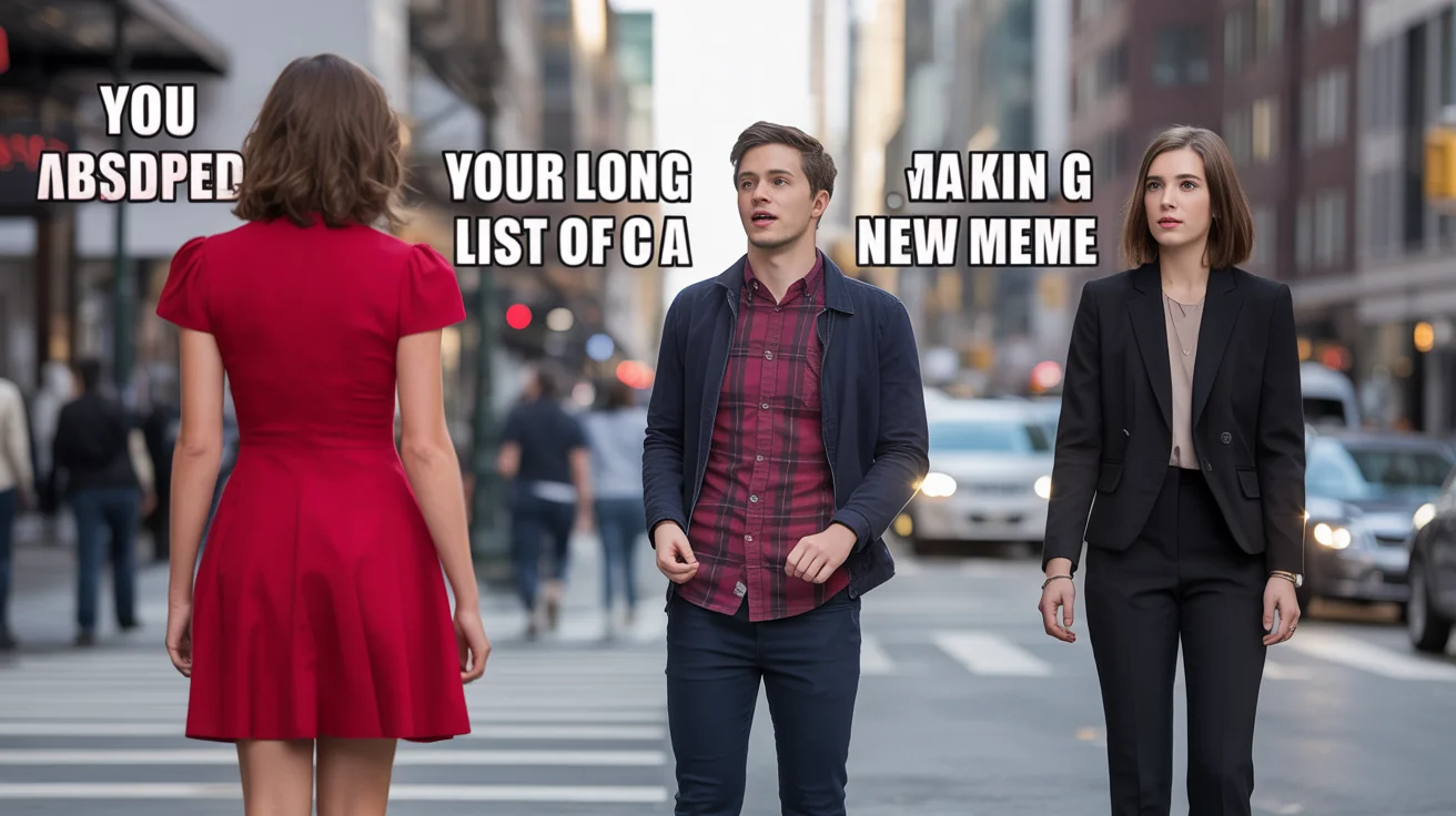 A popular internet meme known as 'Distracted Boyfriend' used as a mockup. The boyfriend is labeled 'You', his angry girlfriend is 'Your long list of tasks', and the woman he's looking at is 'Making a new meme'.