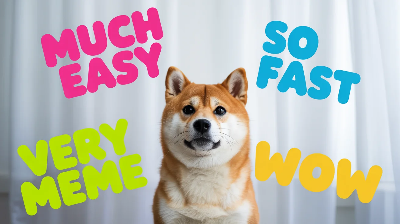 A mockup of the 'Doge' internet meme, showcasing a Shiba Inu dog with a funny expression, surrounded by colorful text phrases like 'much easy' and 'so fast' against a plain white background, representing the output of a meme editor.