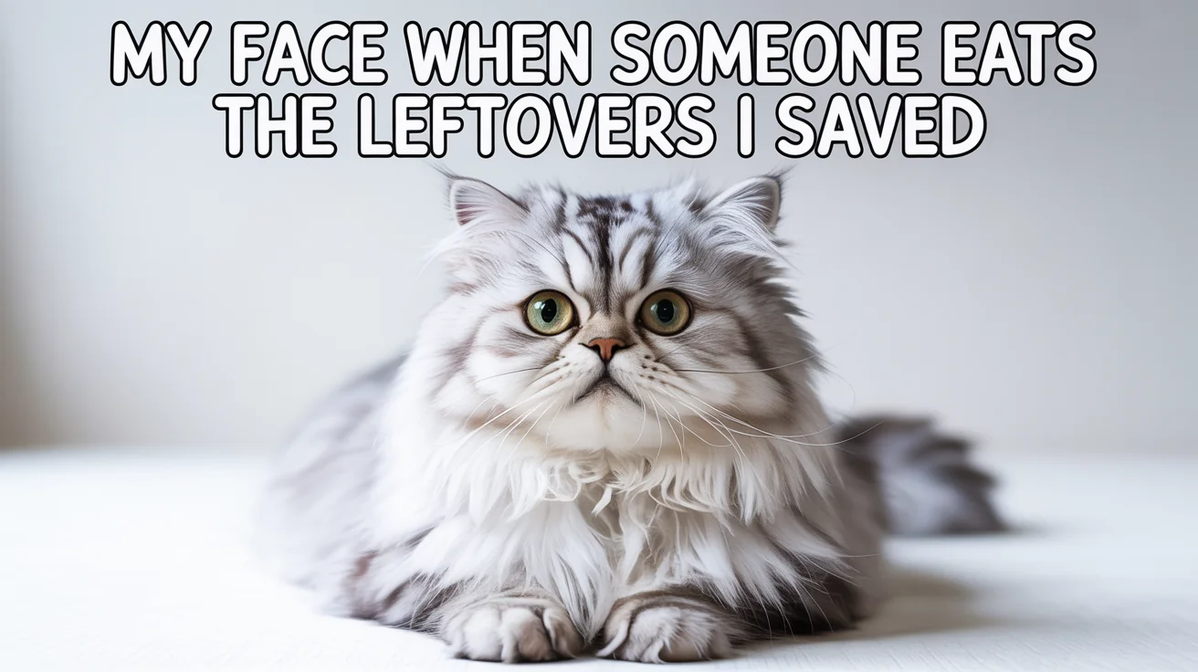 A funny meme of a shocked, fluffy cat with the caption 'MY FACE WHEN SOMEONE EATS THE LEFTOVERS I SAVED', representing a creation from a meme editor.