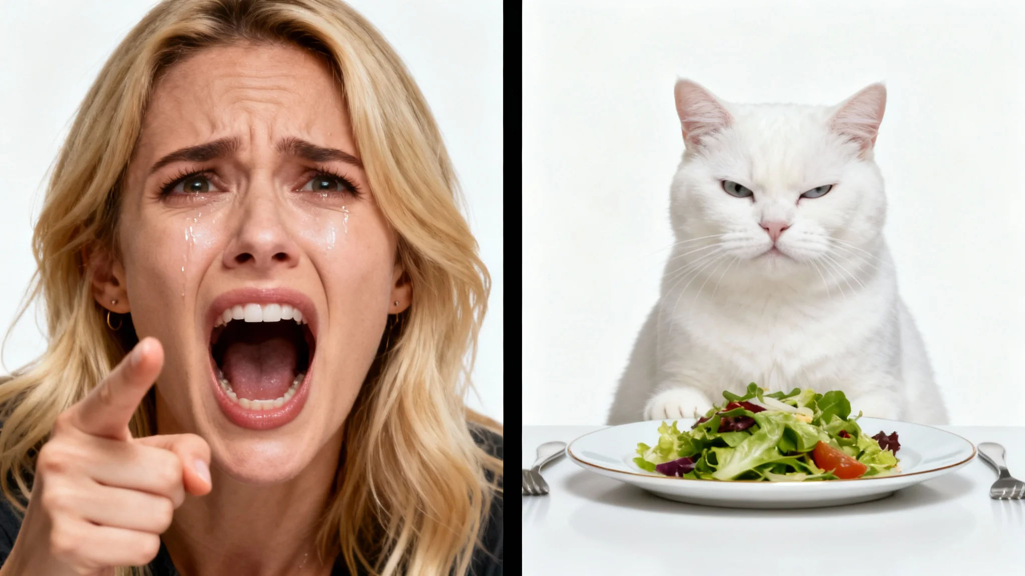 A high-quality, photorealistic recreation of the 'Woman Yelling at a Cat' meme, split into two panels against a white background.