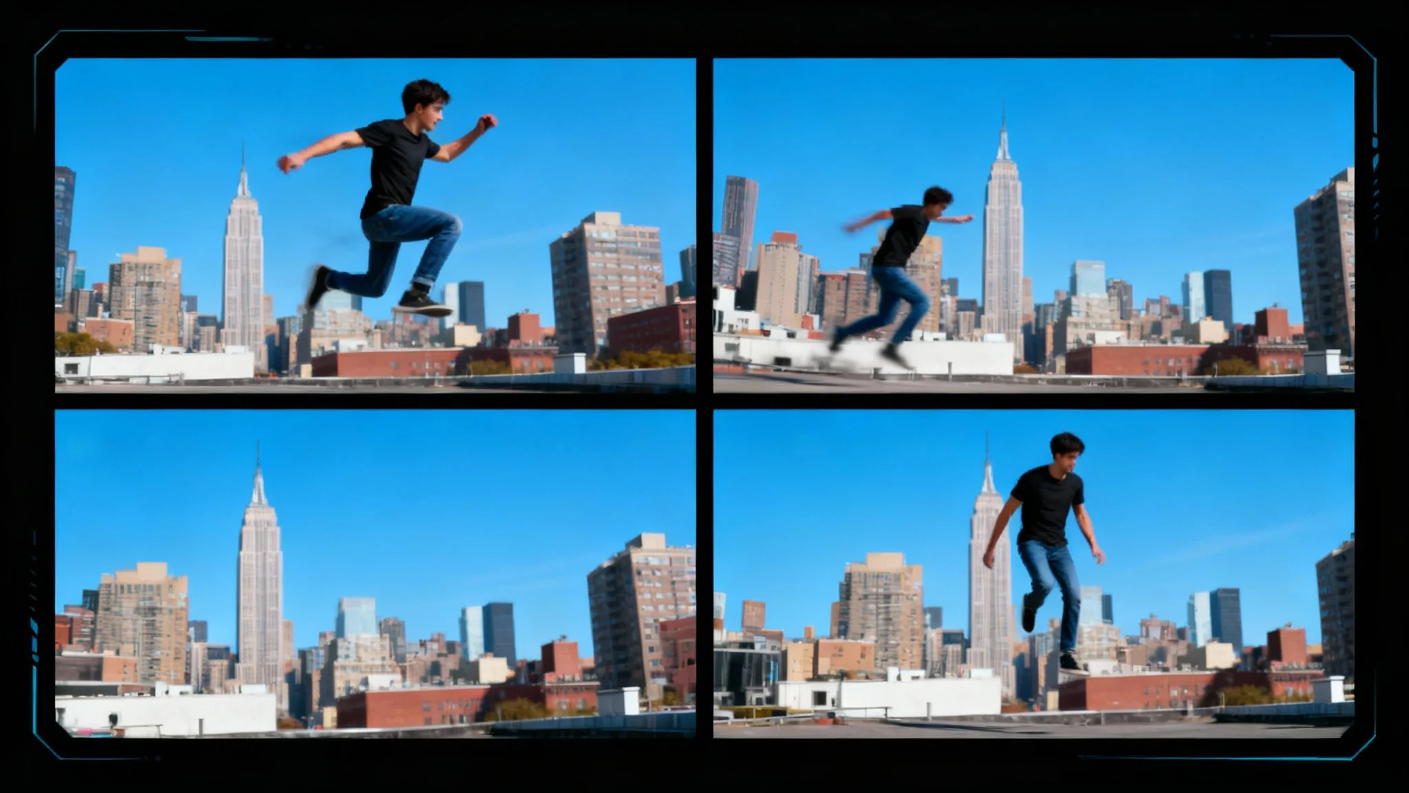 An example of a pose-to-video animation, showing a sequence of frames where a static image of a man leaping is turned into a smooth video of him completing the jump against a city backdrop.