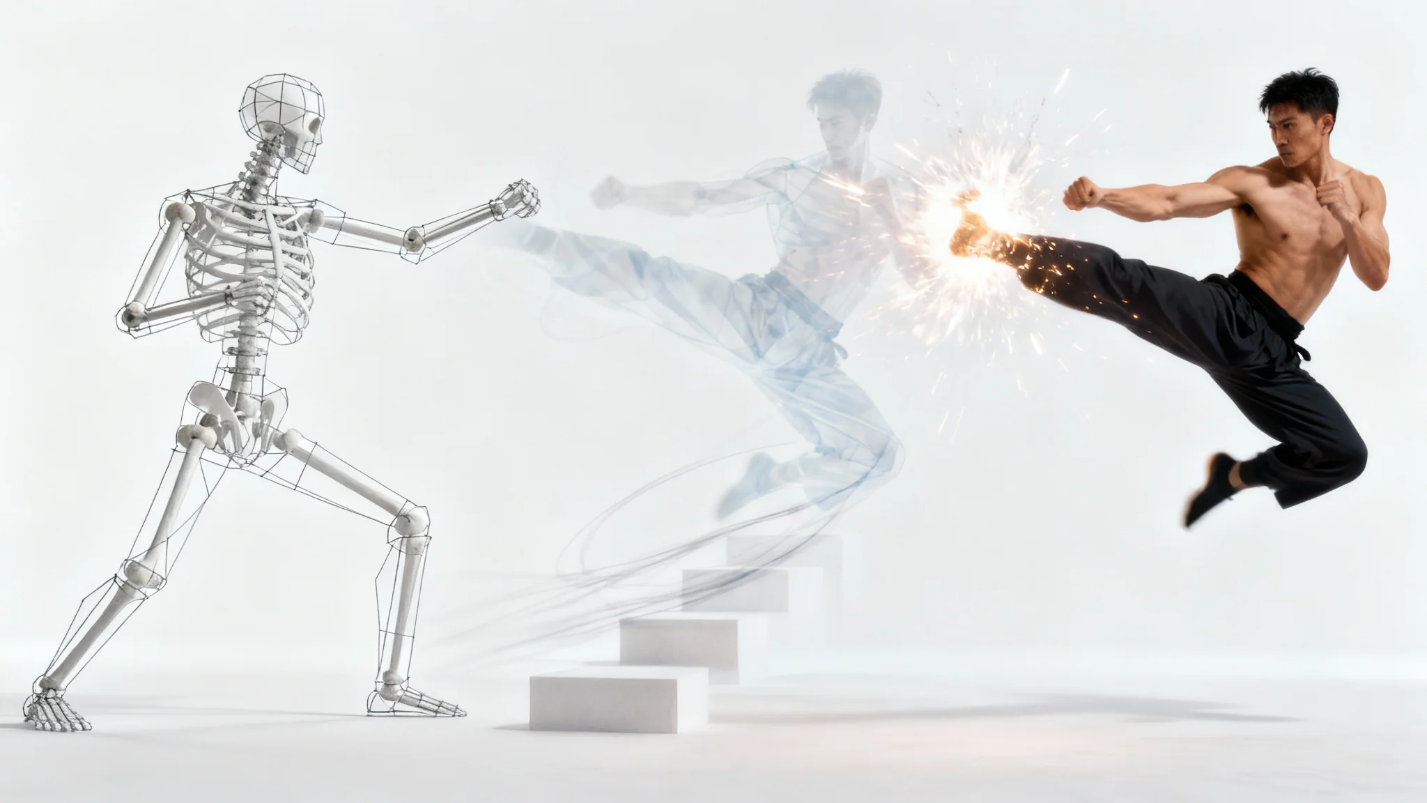 A conceptual image illustrating a pose being converted to video, showing a wireframe figure in a martial arts pose that transforms through several steps into a photorealistic man completing a kick, all on a white background.