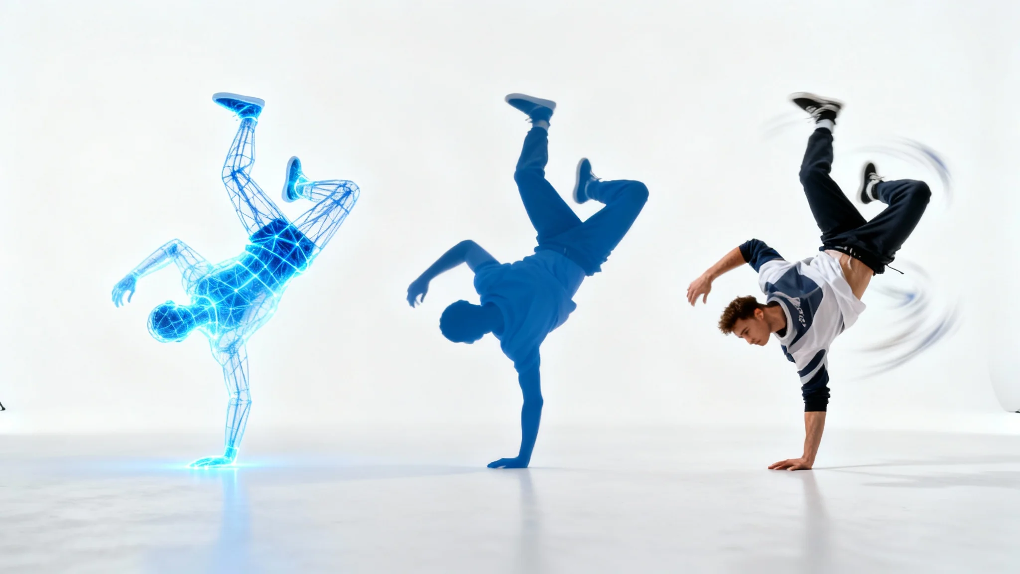 A conceptual image illustrating pose-to-video technology. On a white background, a blue digital wireframe of a breakdancer on the left seamlessly transforms into a photorealistic male breakdancer in mid-motion on the right.