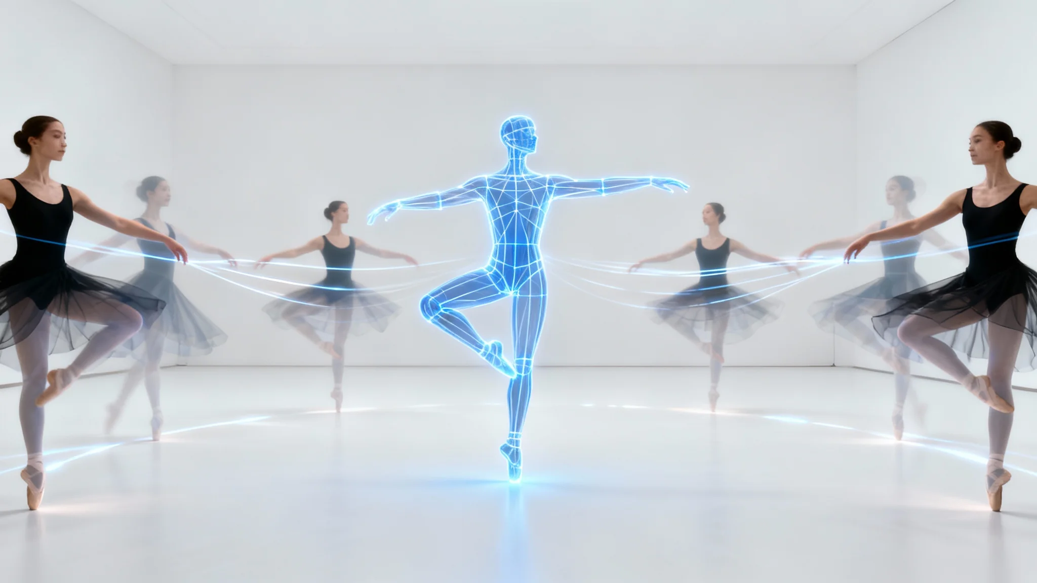 A conceptual image showing a glowing blue wireframe of a dancer in a static pose, with a sequence of photorealistic, transparent figures showing the dancer completing a fluid motion, all against a white background.