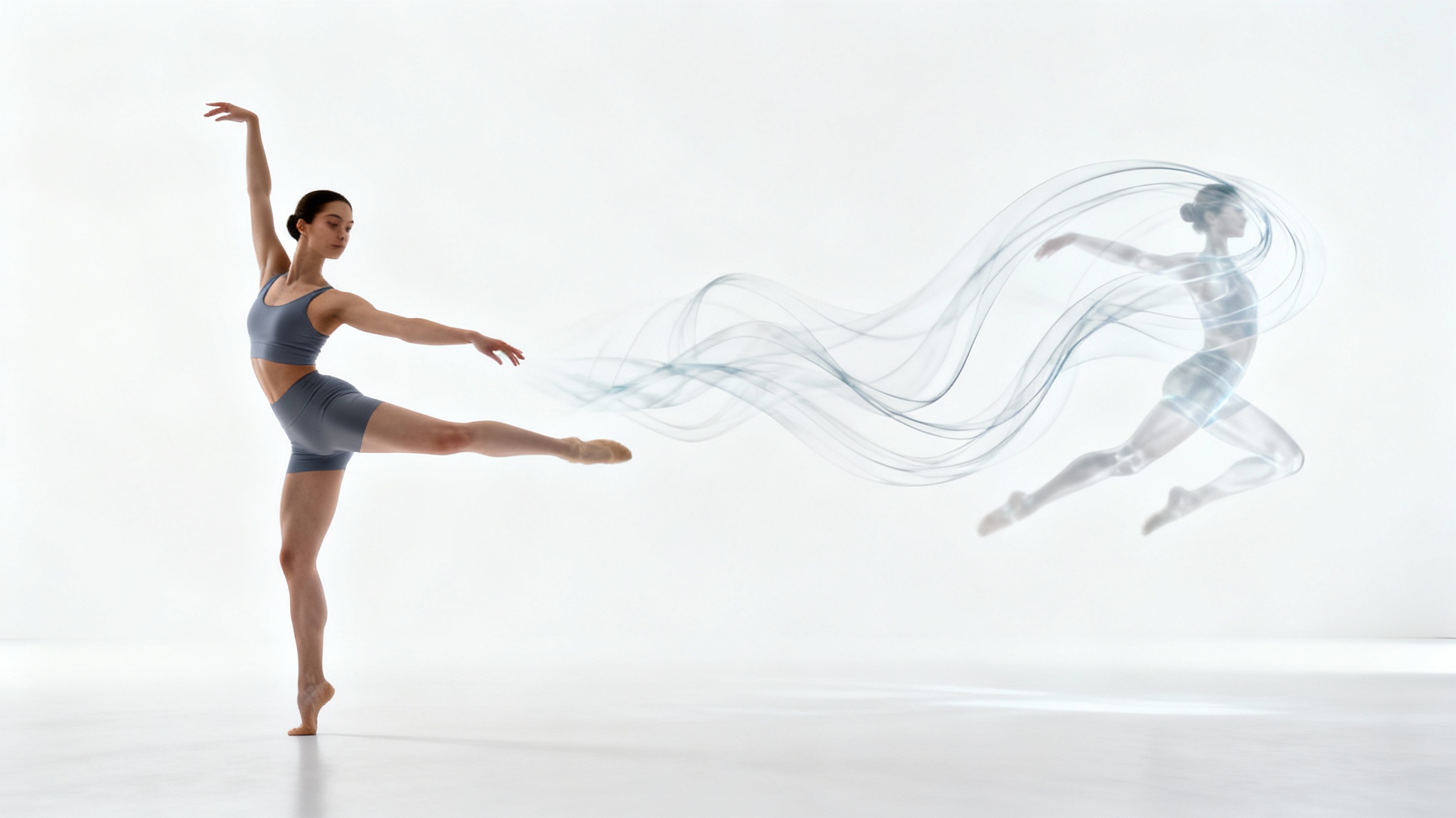 A dancer frozen in a starting pose on the left, with a series of transparent afterimages flowing to the right, visually representing the transformation from a static pose into a video or animation.