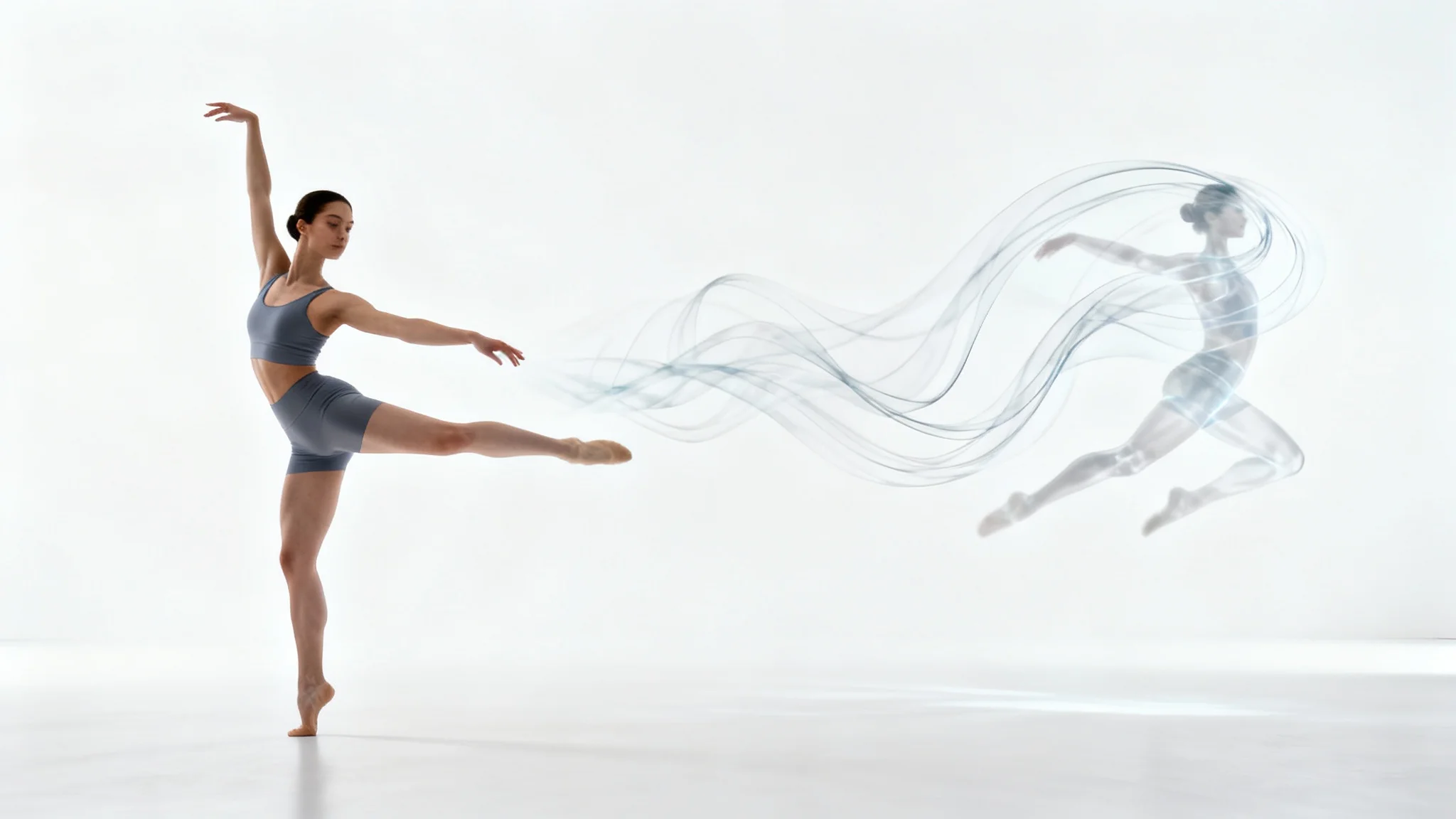 A dancer frozen in a starting pose on the left, with a series of transparent afterimages flowing to the right, visually representing the transformation from a static pose into a video or animation.
