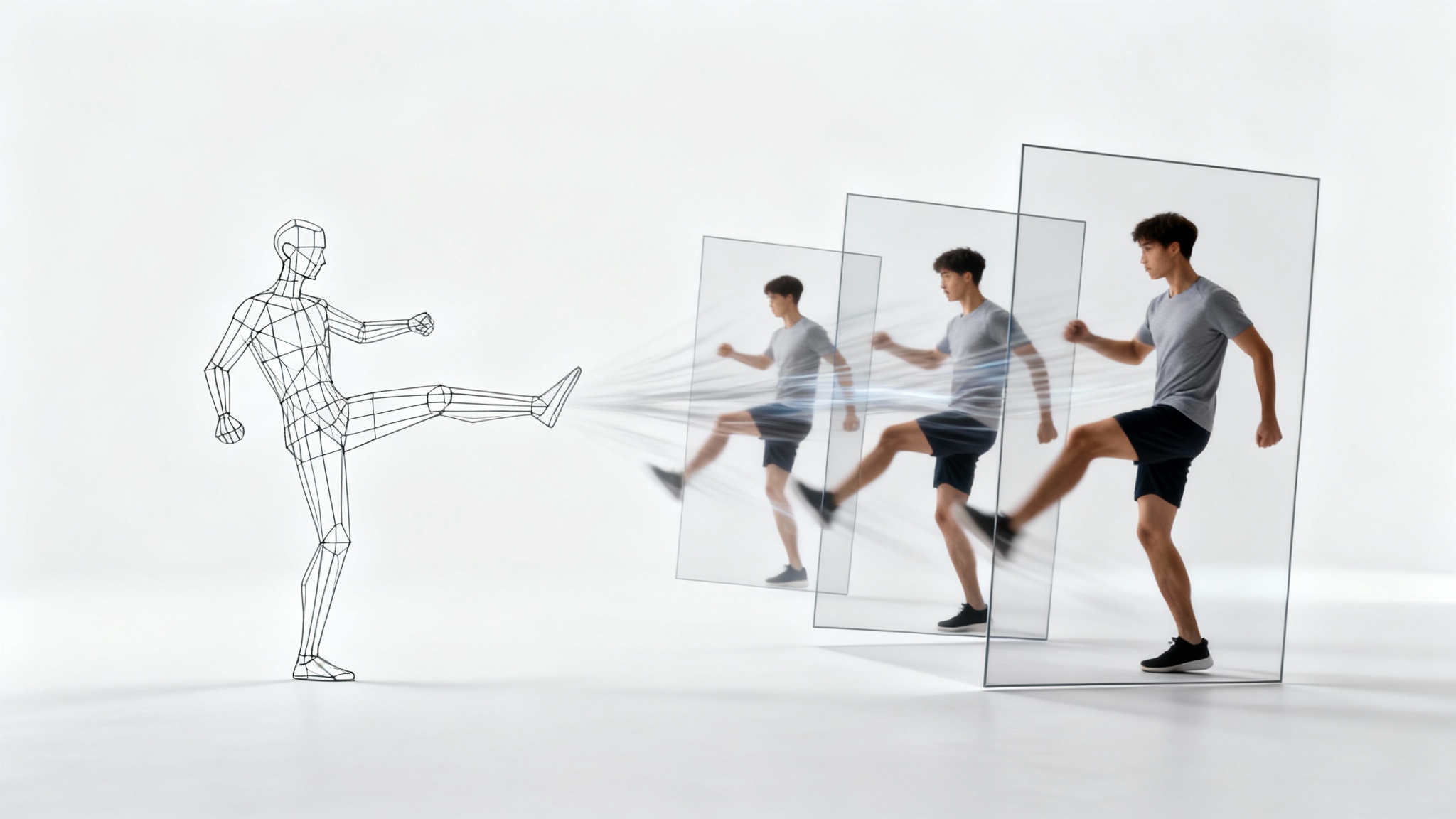 A visual representation of pose-to-video technology, showing a static 3D wireframe of a person in a kicking pose transforming into a fluid, photorealistic video sequence of the kick being completed, all set against a white background.