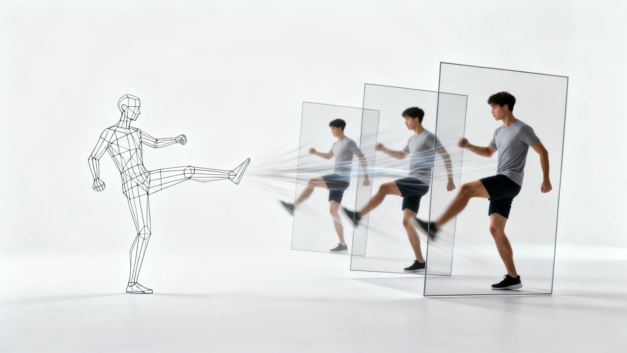 A visual representation of pose-to-video technology, showing a static 3D wireframe of a person in a kicking pose transforming into a fluid, photorealistic video sequence of the kick being completed, all set against a white background.