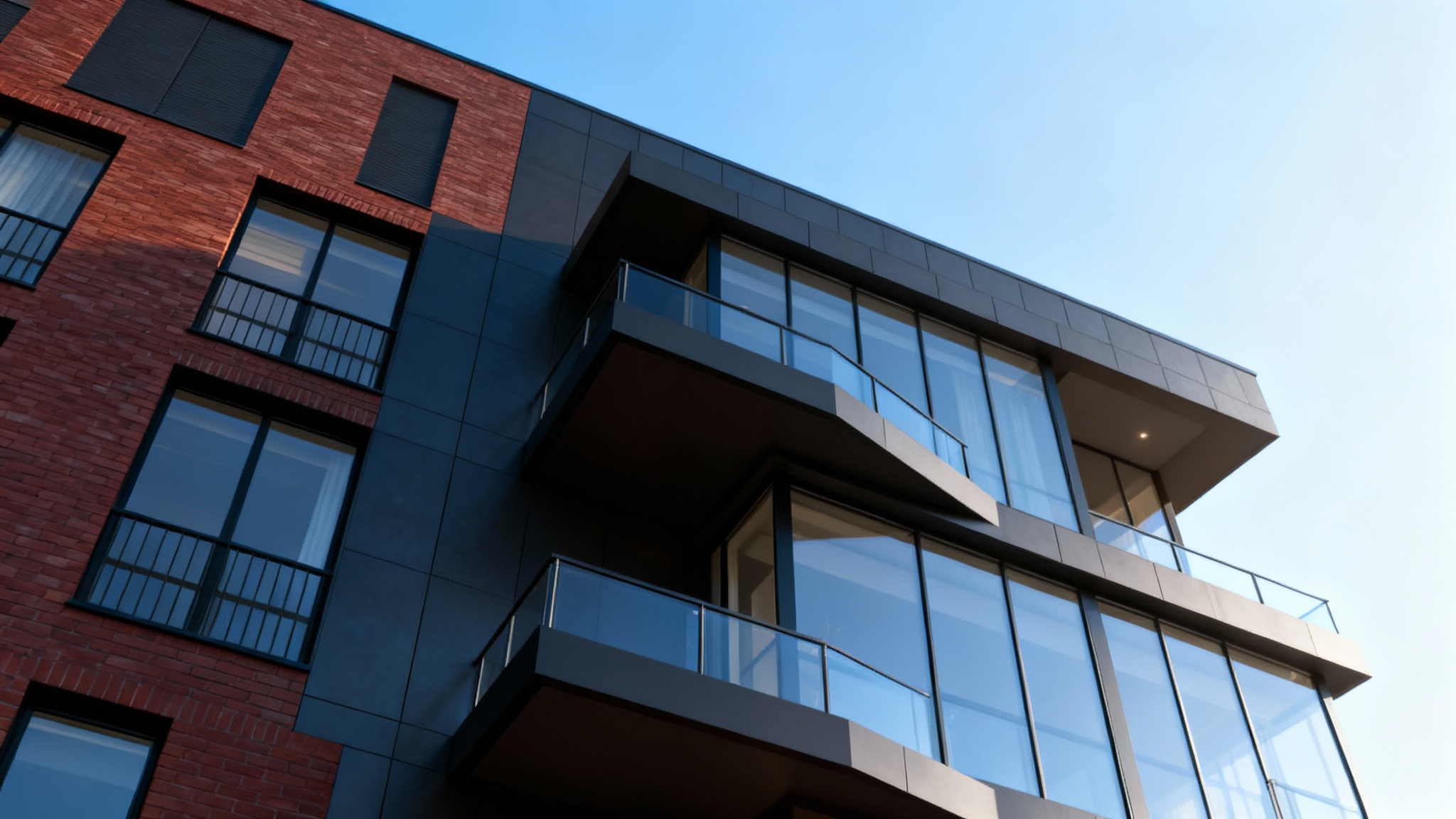 A photorealistic final rendering of a modern apartment building facade, featuring a stylish mix of red brick, dark metal panels, and large glass windows under a clear blue sky.