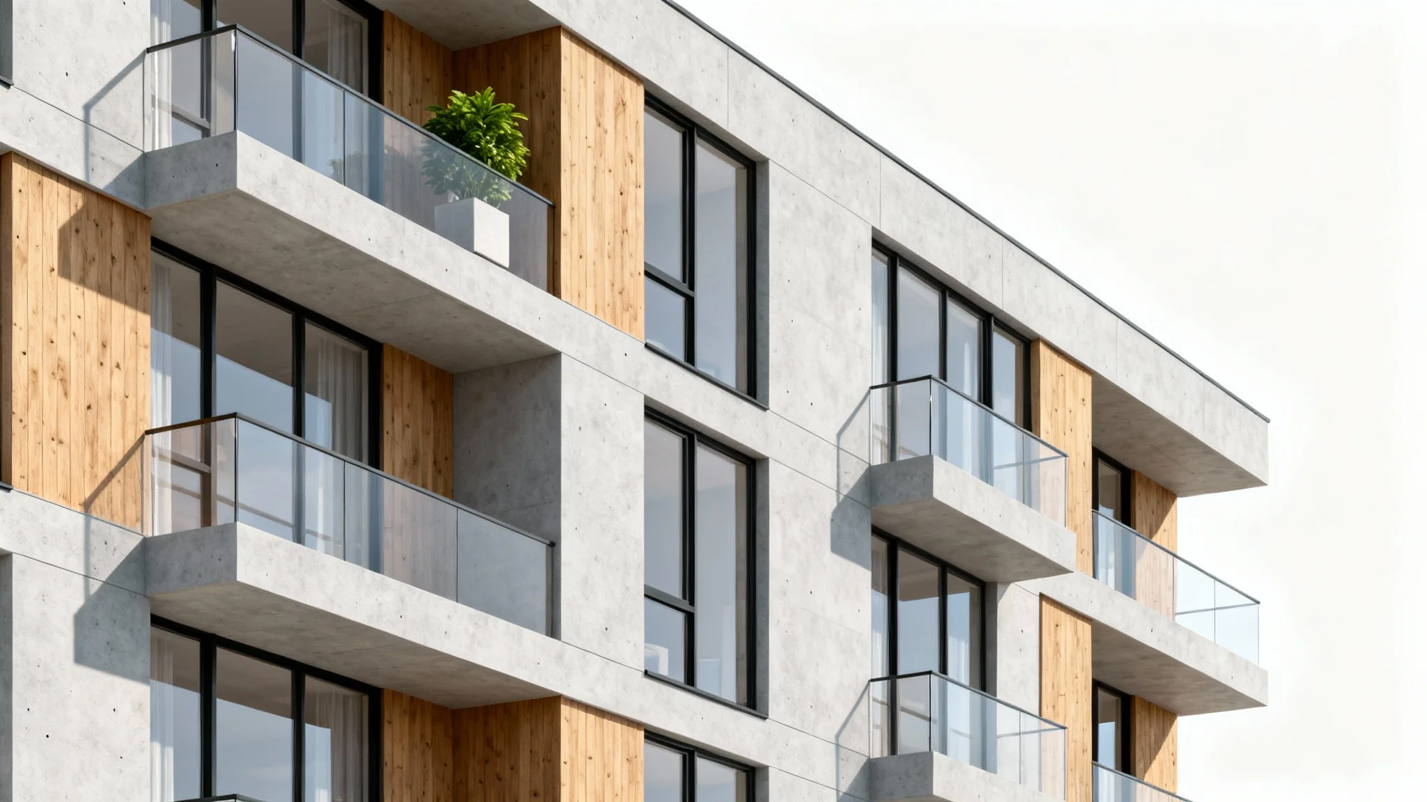 A photorealistic mockup of a modern apartment building's facade, featuring a mix of concrete, wood, and glass, set against a plain white background.