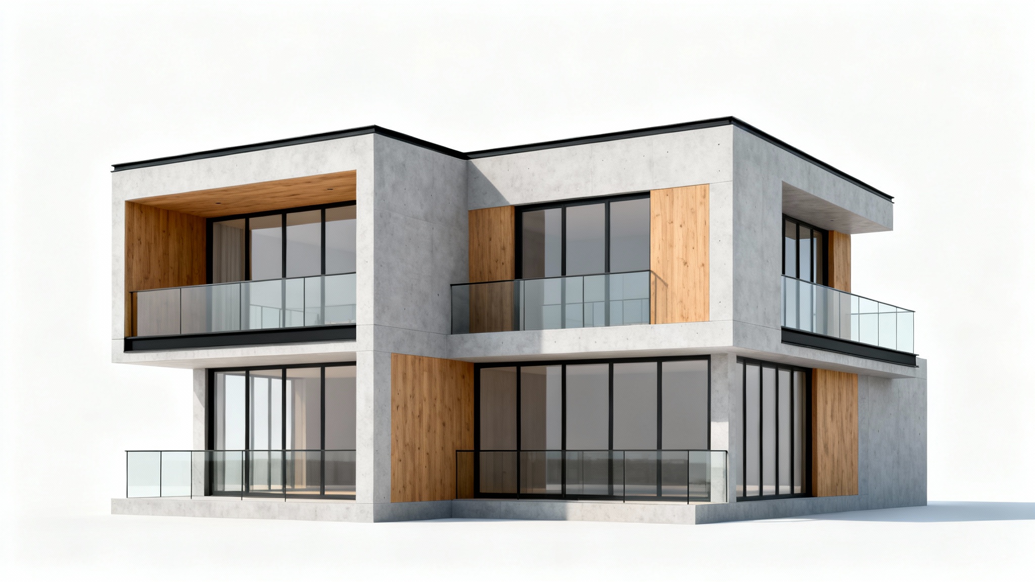 A photorealistic architectural mockup of a modern apartment facade, featuring a minimalist design with wood and concrete textures, set against a plain white background.