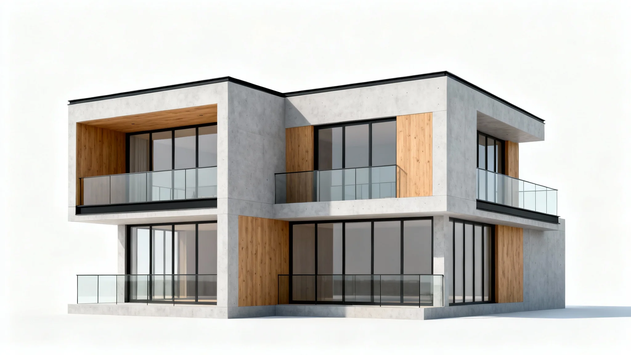 A photorealistic architectural mockup of a modern apartment facade, featuring a minimalist design with wood and concrete textures, set against a plain white background.