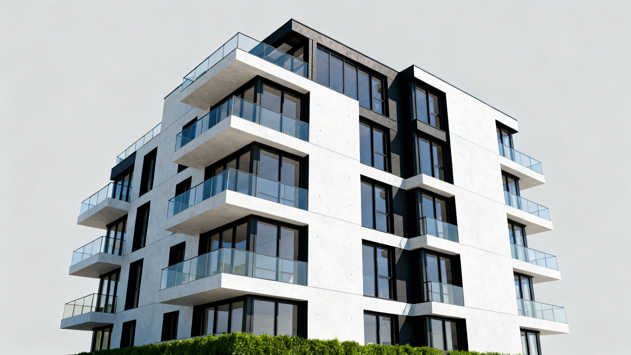 A photorealistic render of a modern apartment building's facade, featuring glass balconies and a sleek concrete and metal design, viewed from a low angle against a plain background.