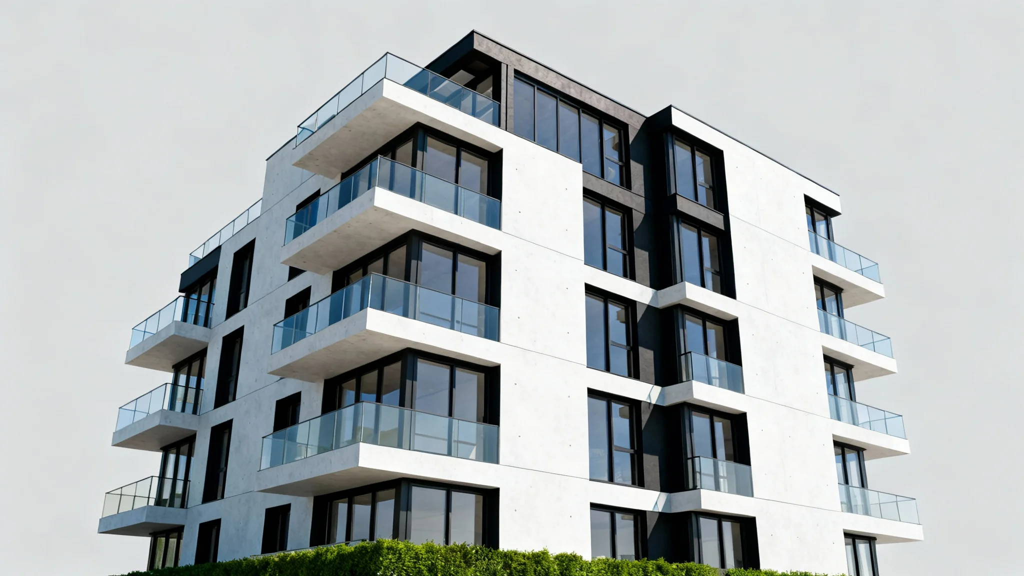 A photorealistic render of a modern apartment building's facade, featuring glass balconies and a sleek concrete and metal design, viewed from a low angle against a plain background.