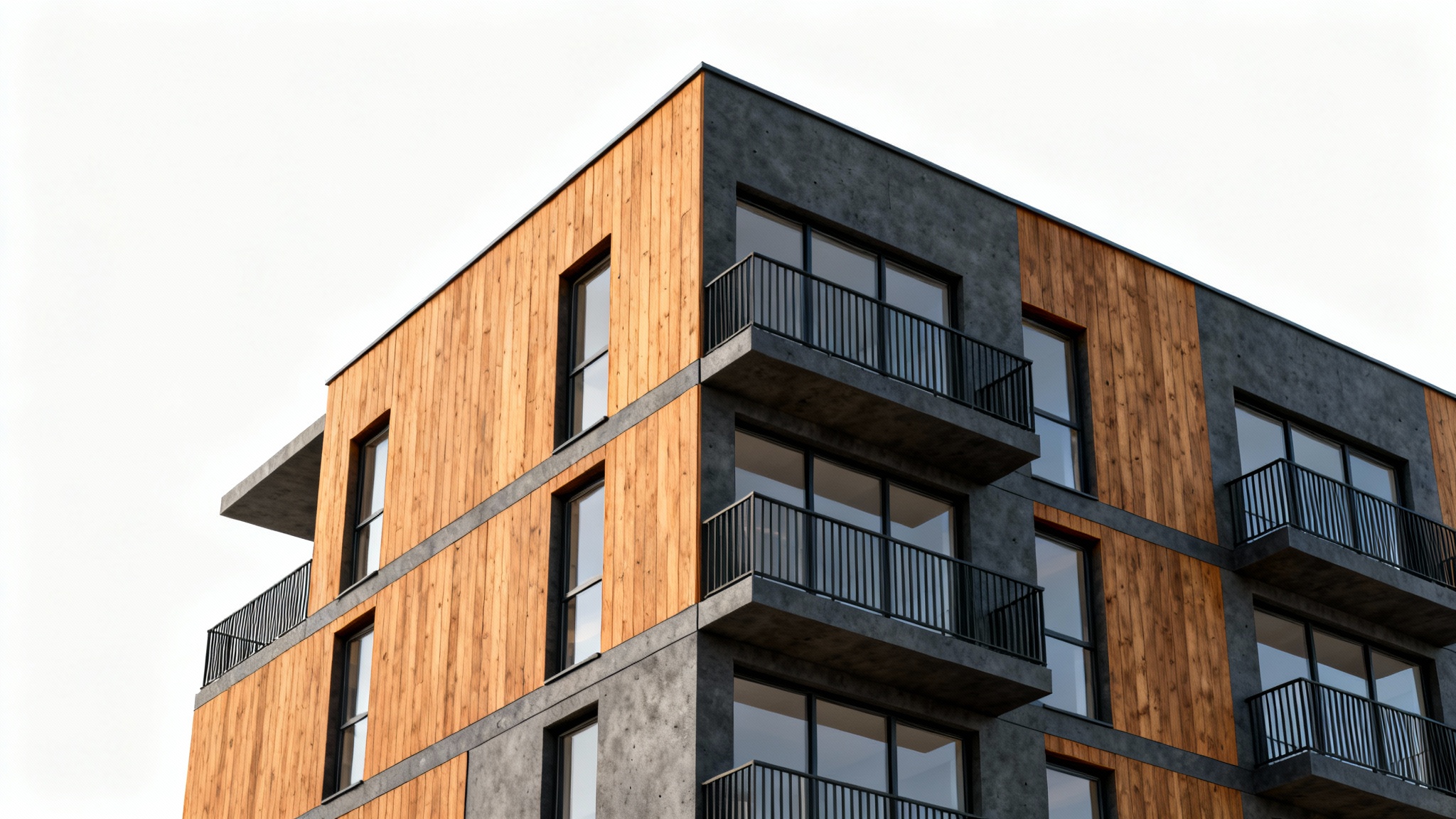 A photorealistic mockup of a modern apartment building's facade, showcasing a sleek design with wood, concrete, and glass elements against a solid white background.