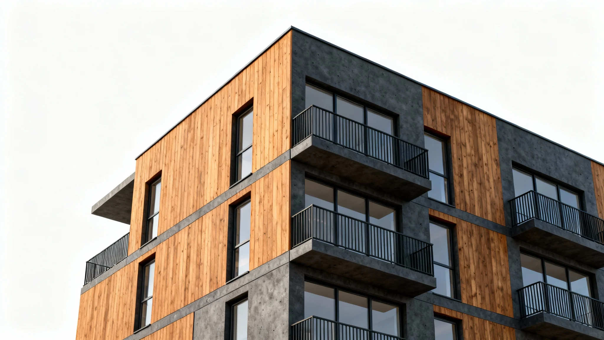 A photorealistic mockup of a modern apartment building's facade, showcasing a sleek design with wood, concrete, and glass elements against a solid white background.