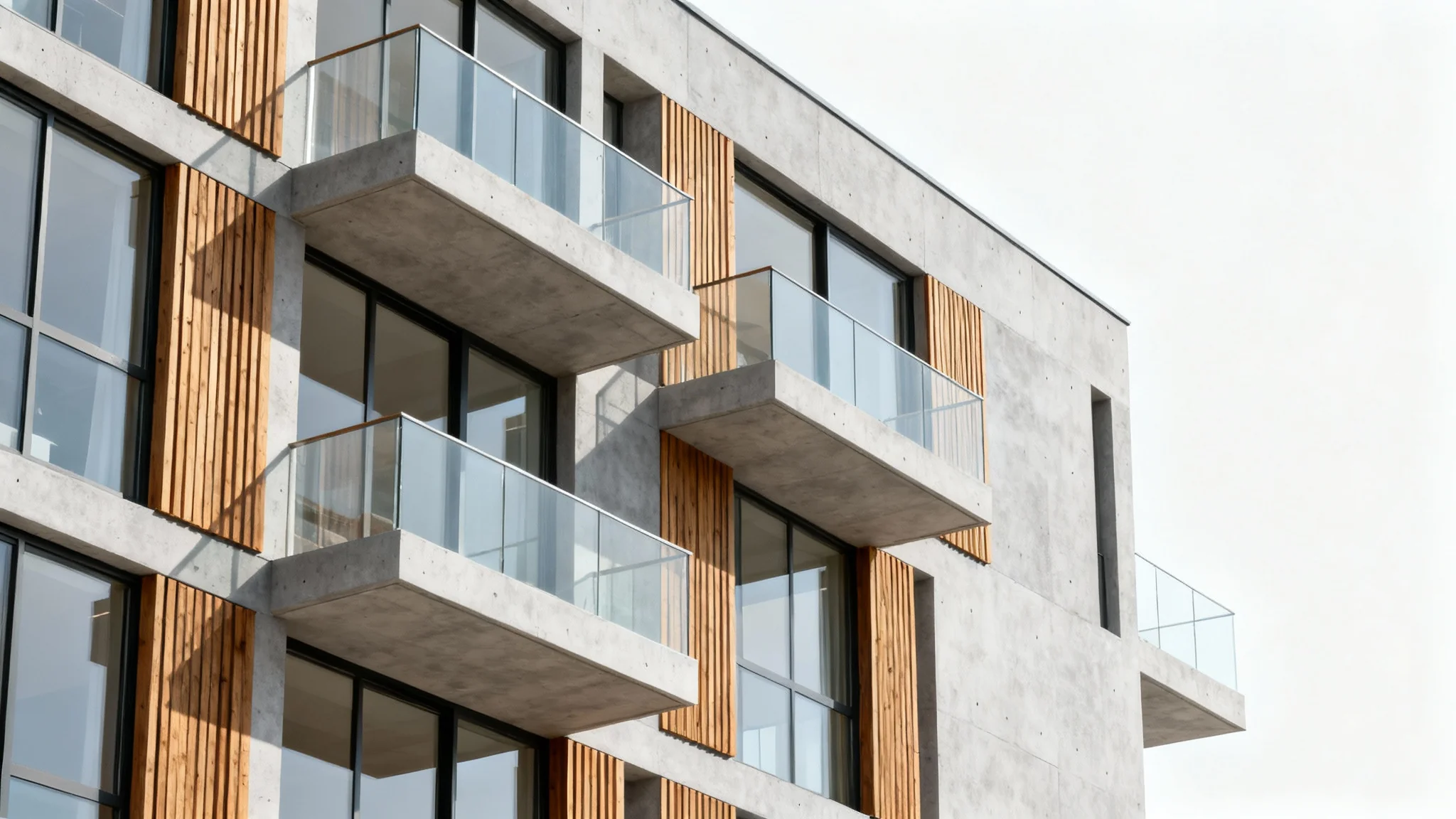 A photorealistic mockup of a modern apartment building facade, showcasing a minimalist design with concrete, glass, and wood elements against a clean white background.