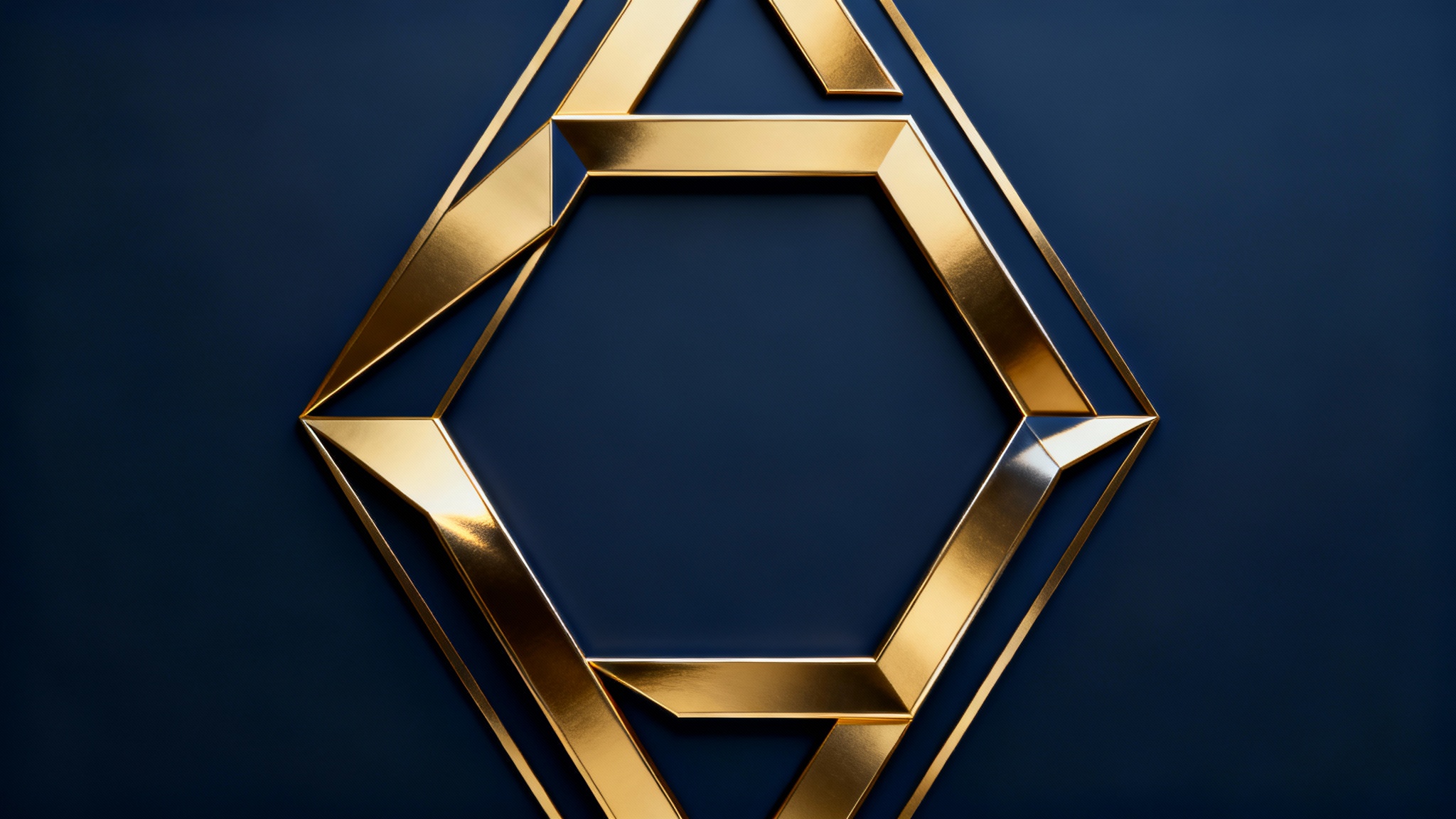 A luxurious background design featuring interlocking gold geometric shapes, such as triangles and hexagons, on a deep navy blue surface, in a 16:9 format.