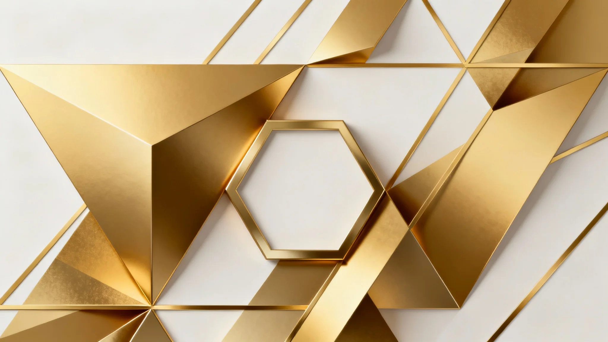 An elegant background featuring a pattern of interconnected geometric shapes and lines in polished gold against a light, neutral backdrop.
