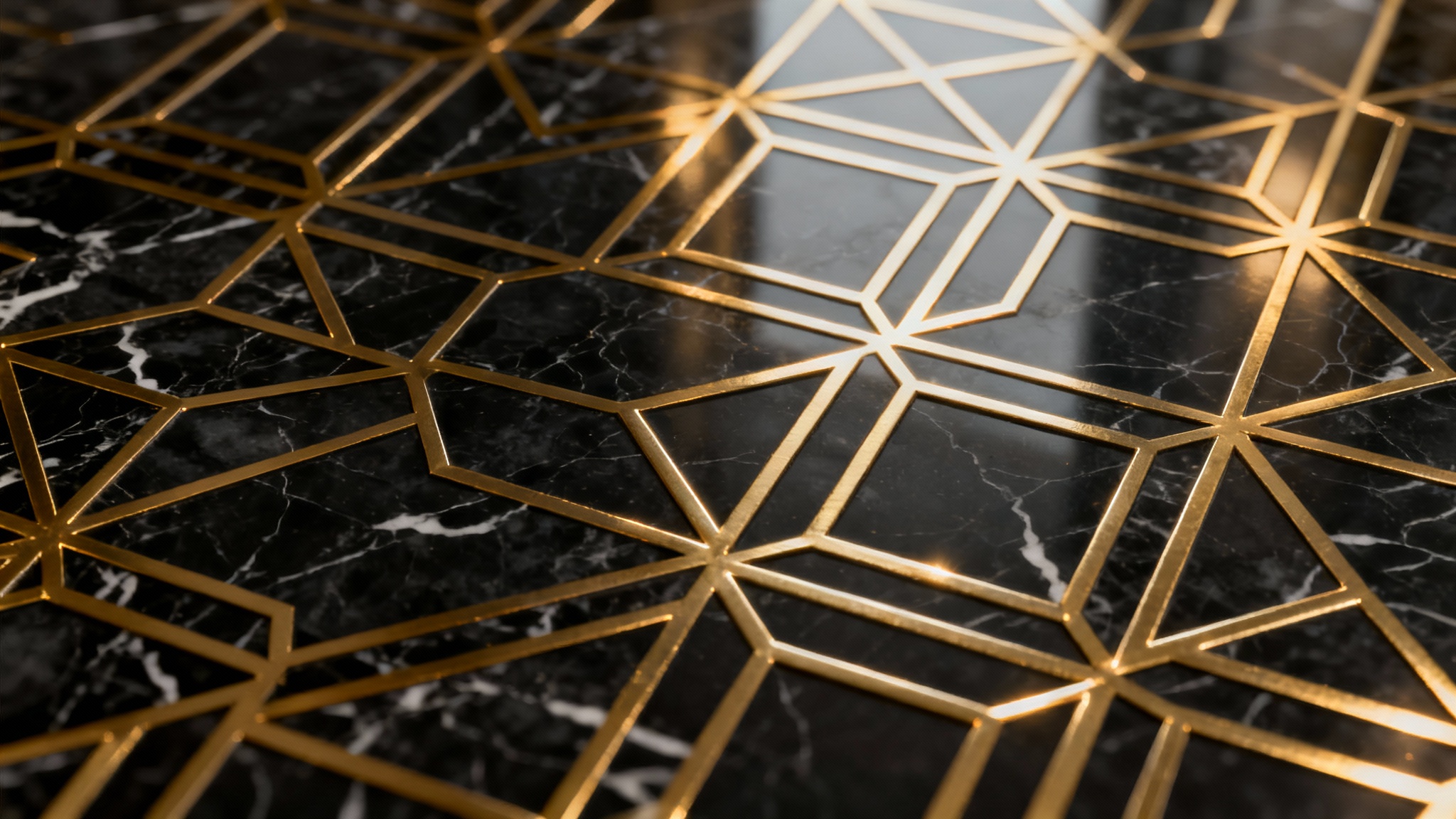 An elegant, modern background featuring an intricate geometric pattern of thin, shiny gold lines on a dark, subtly textured surface, creating a luxurious and sophisticated feel.