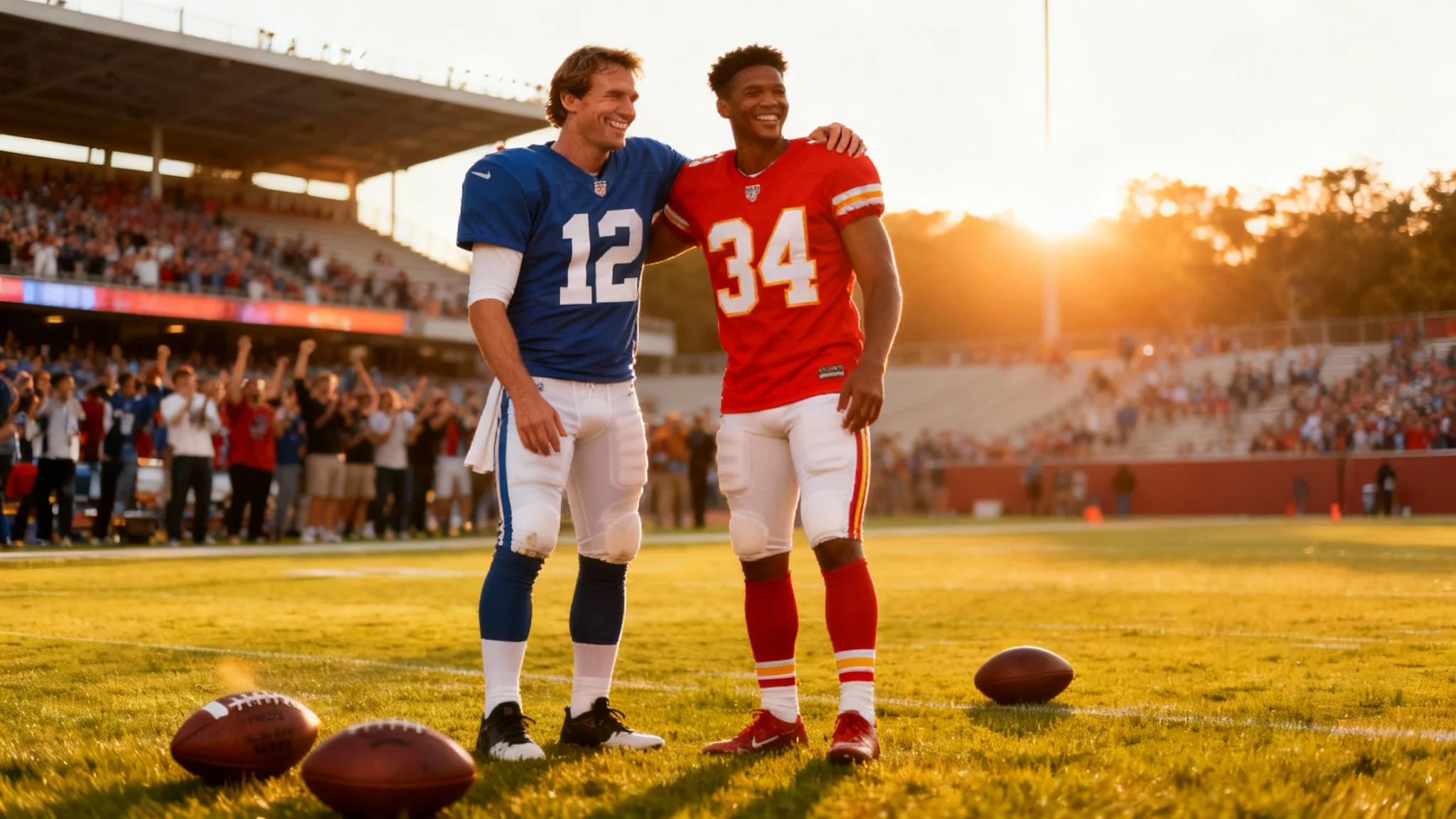 The final result of a jersey swap: two American football players stand smiling on a field, one now wearing a red #34 jersey and the other wearing a blue #12 jersey, showcasing the successful swap.
