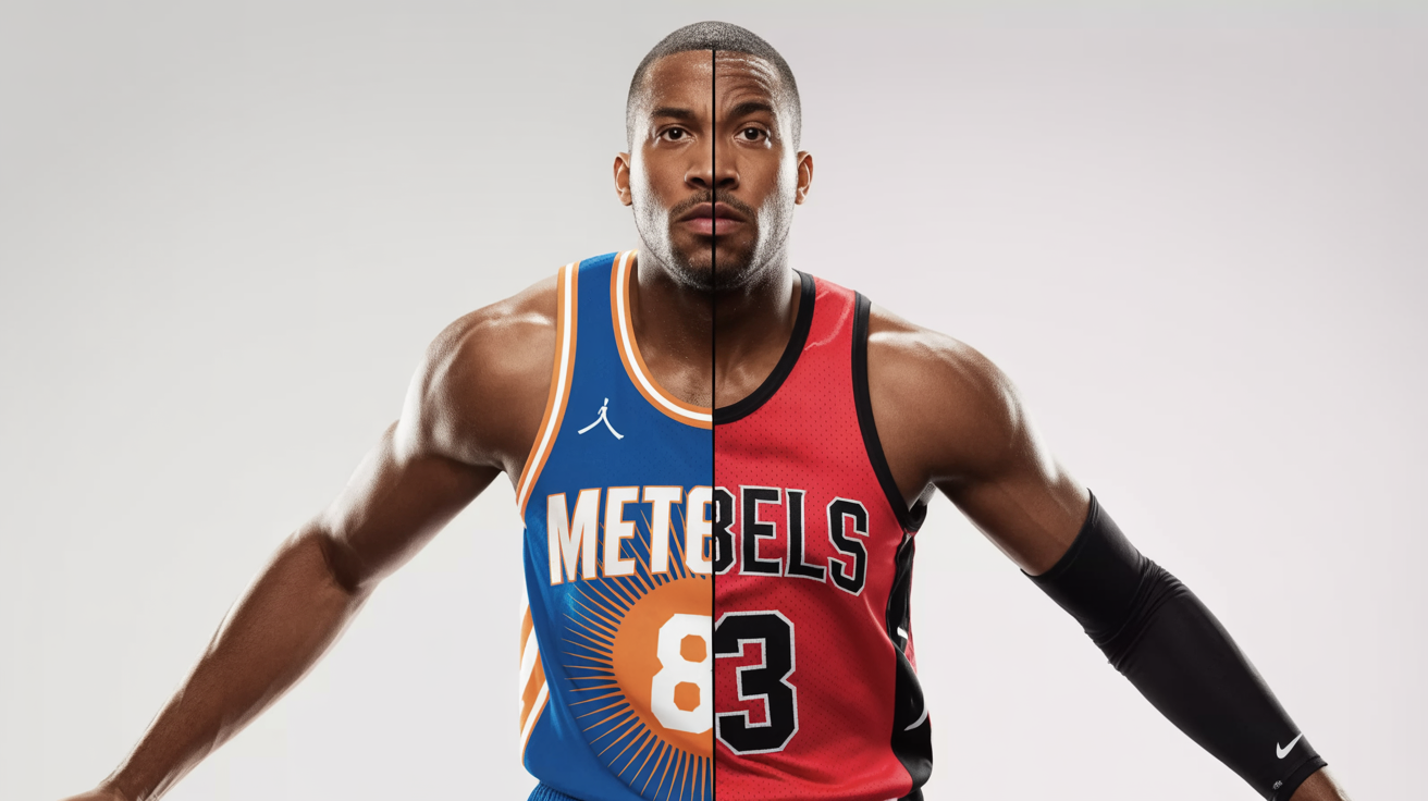 A basketball player from the waist up against a white background, demonstrating a jersey swap. The image is split down the middle: on the left, he wears a blue 'METEORS' jersey, and on the right, he wears a red 'REBELS' jersey.