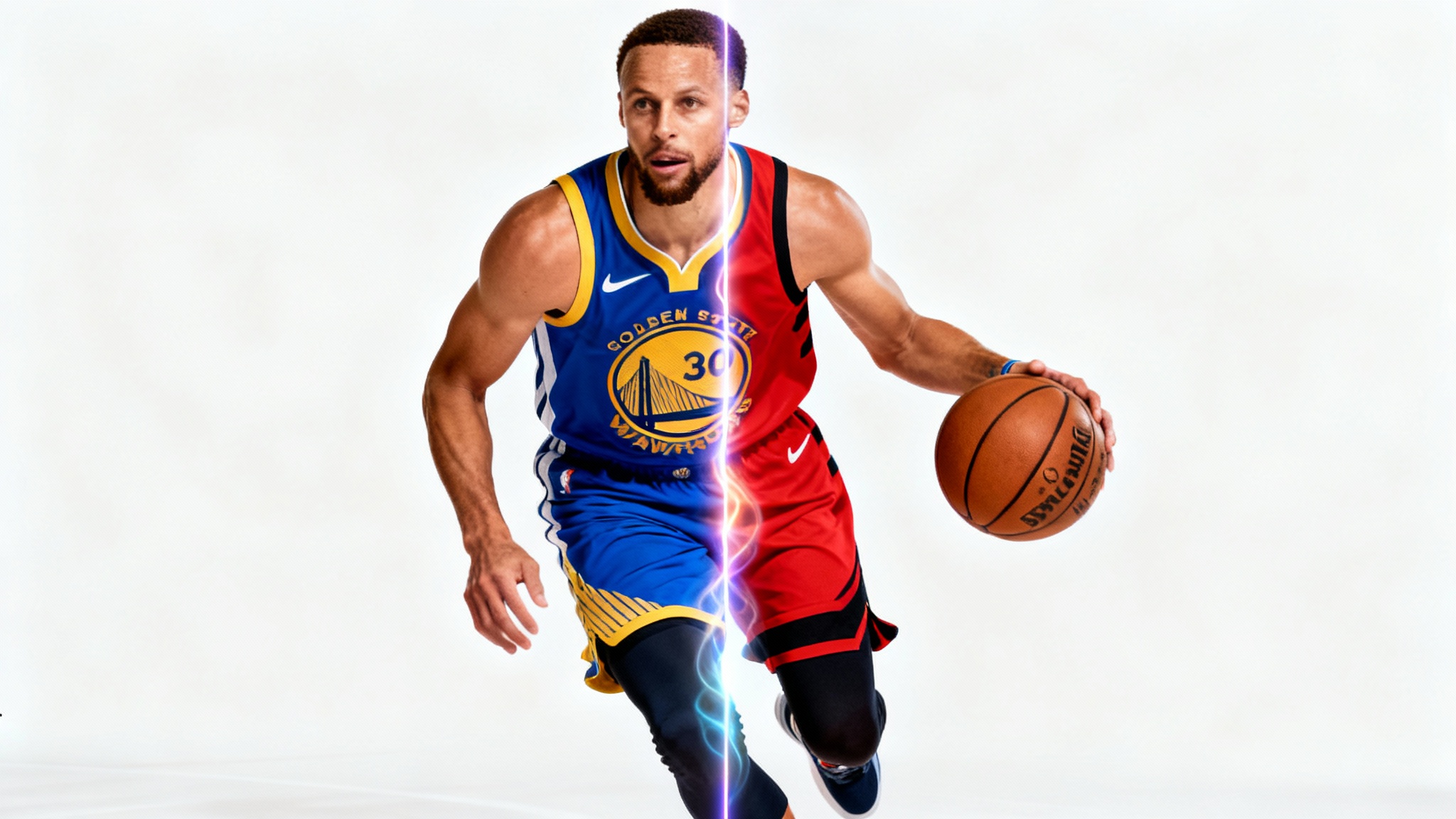 A photorealistic action shot of a basketball player demonstrating a jersey swap. The player is split down the middle, wearing a blue and gold jersey on the left and a red and black jersey on the right, against a clean white background.