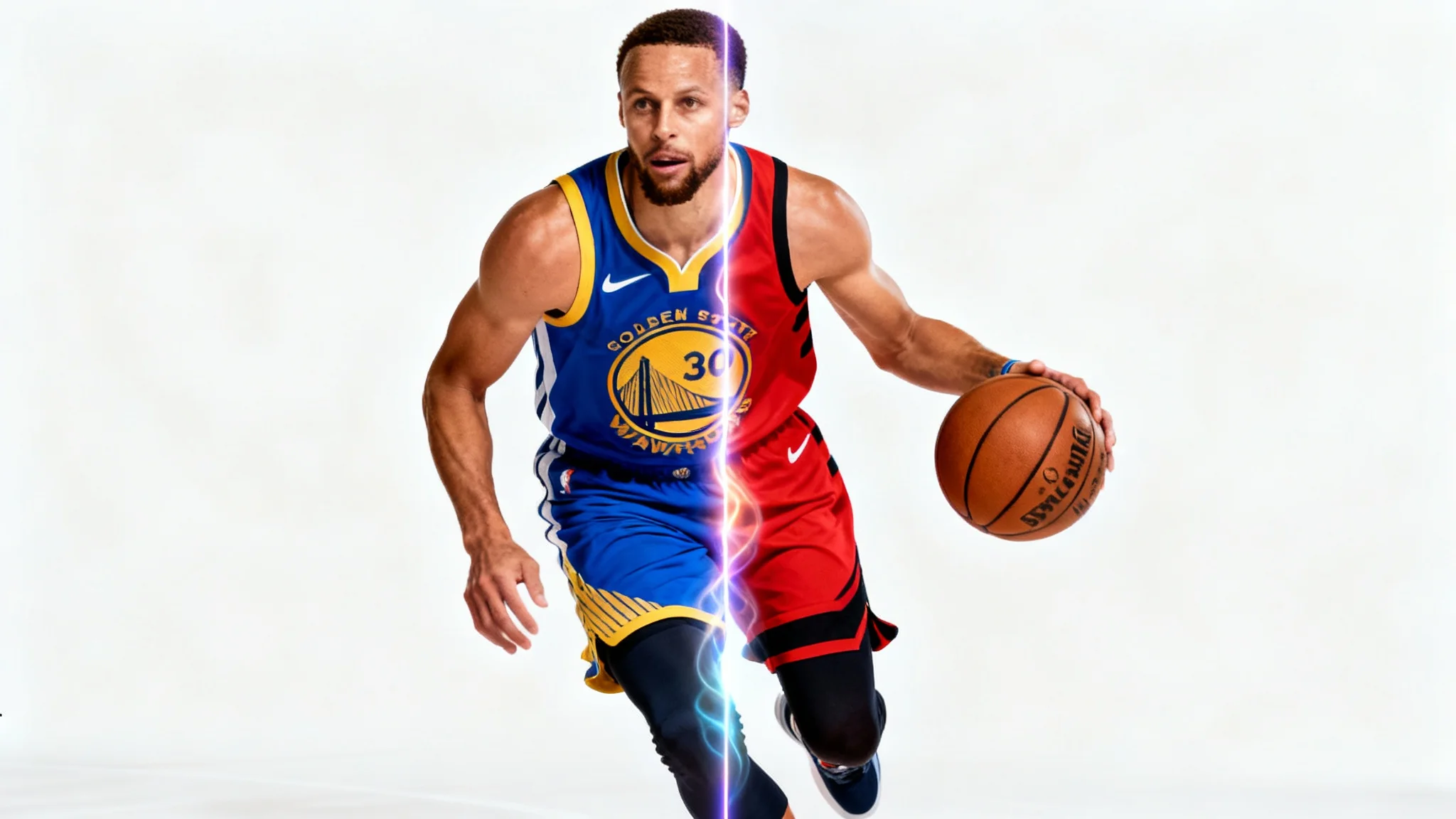 A photorealistic action shot of a basketball player demonstrating a jersey swap. The player is split down the middle, wearing a blue and gold jersey on the left and a red and black jersey on the right, against a clean white background.