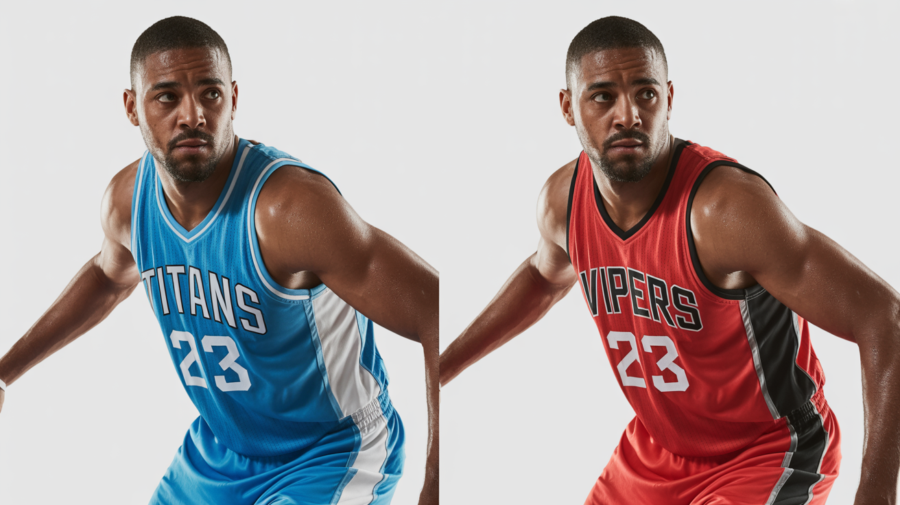 A side-by-side comparison image of a basketball player. On the left, he wears a blue 'Titans' jersey, and on the right, he wears a red 'Vipers' jersey, demonstrating a jersey swap.