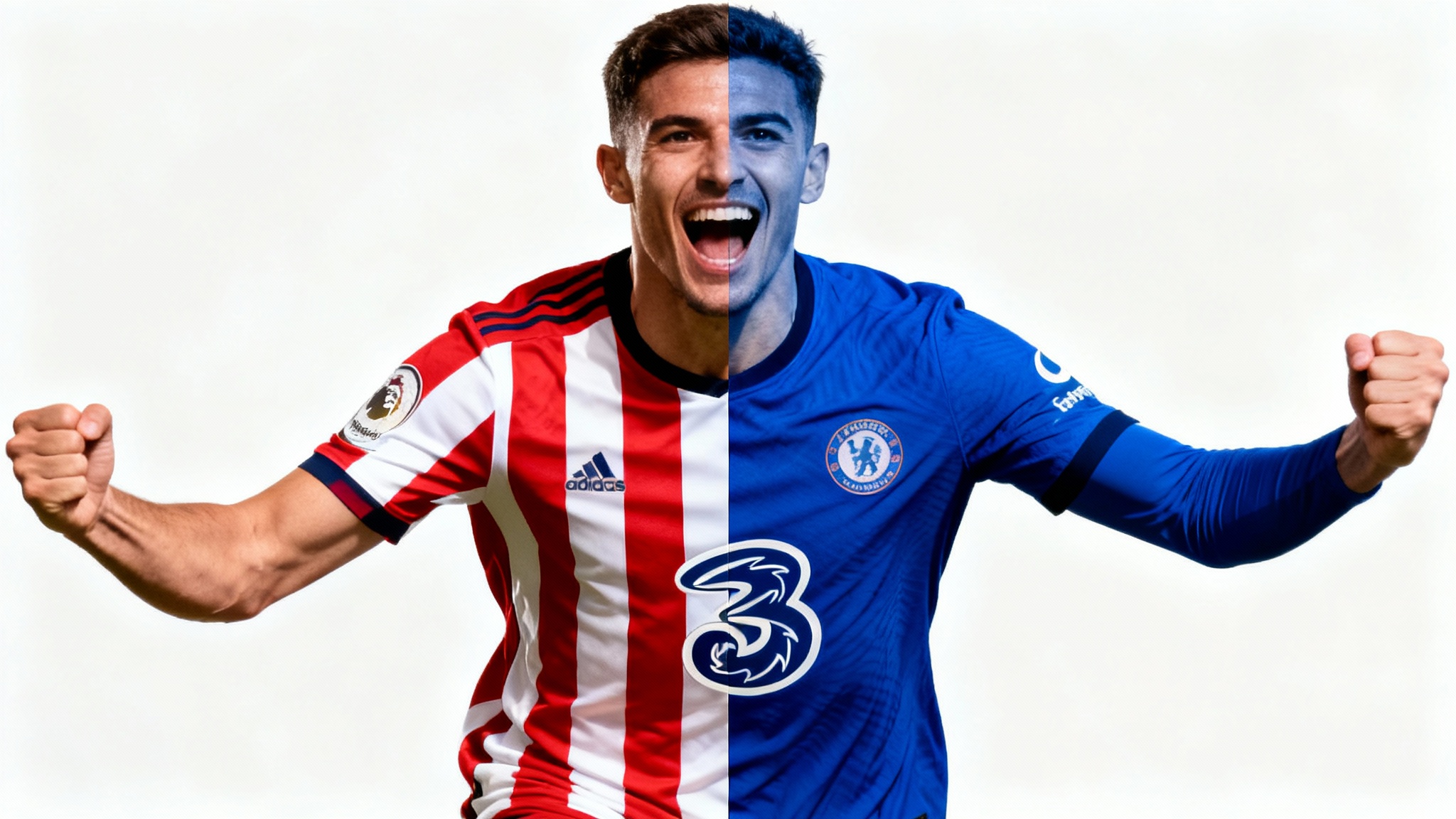 A split-image of a soccer player celebrating, showing a jersey swap from a red and white striped jersey on the left to a solid blue jersey on the right.