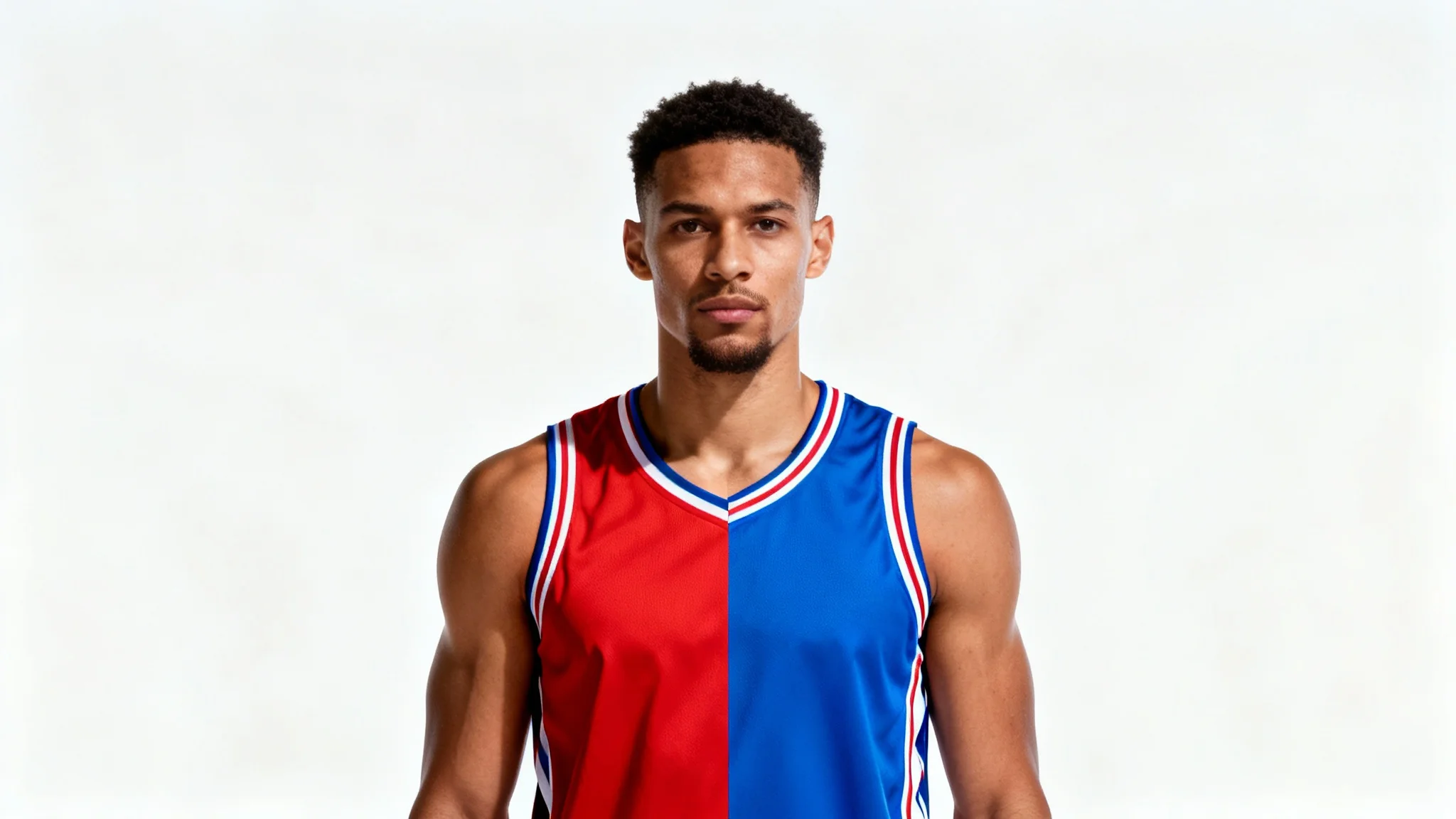 A photorealistic mockup illustrating a jersey swap on a basketball player. The image is split in the middle, showing the player wearing a red jersey on the left side and a blue jersey on the right side, against a clean white background.